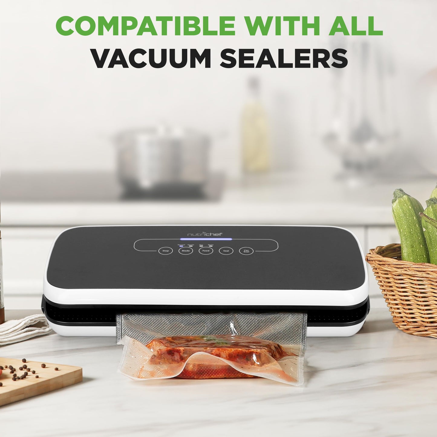 NutriChef Vacuum Sealer Bags for Food 8” x 50’ & 11" x 50' (2 Rolls, 100’ Total) – Works with All Sealers, BPA-Free, Heavy-Duty, Multi-Layered – Freezer, Microwave & Sous Vide Safe