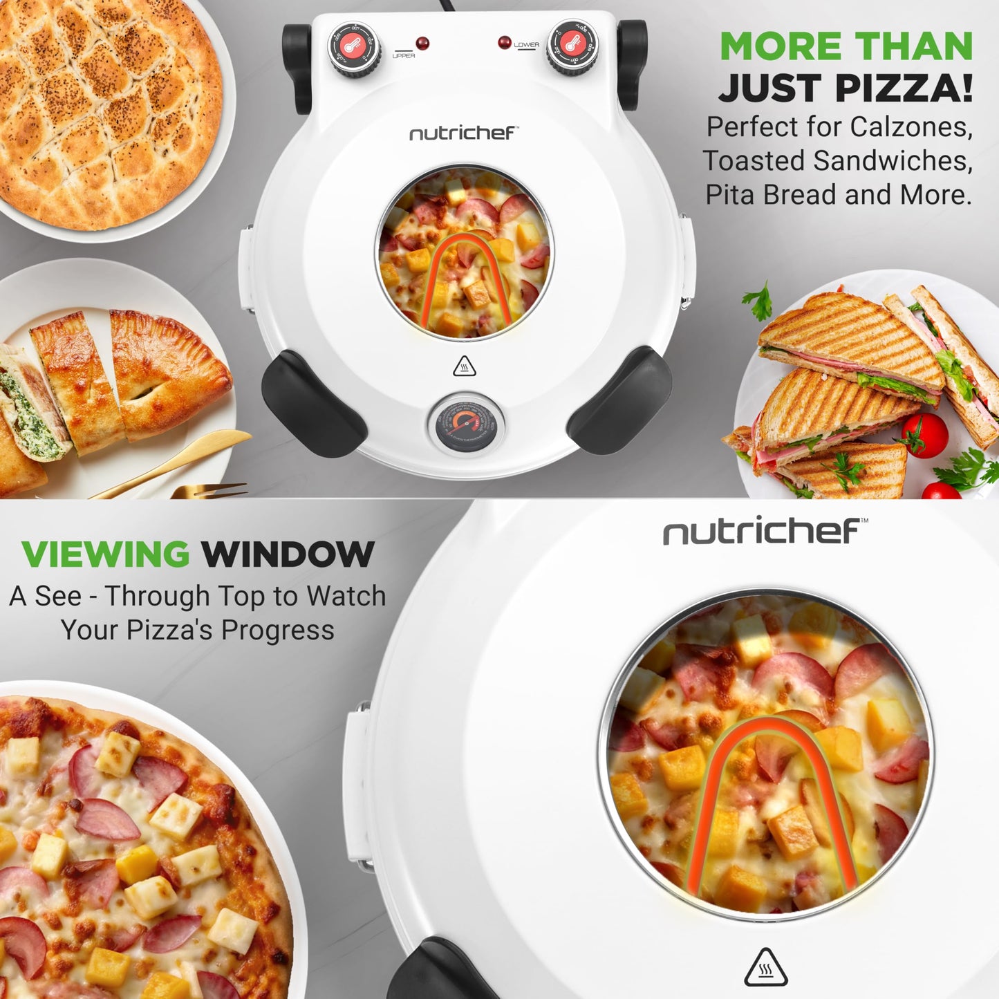 NutriChef Electric Pizza Oven | 12 Inch Countertop Pizza Maker with Temperature Control & Thermometer | Viewing Window for Precise Cooking | Heats up to 800F | Easy to Clean Non-Stick Stone | White