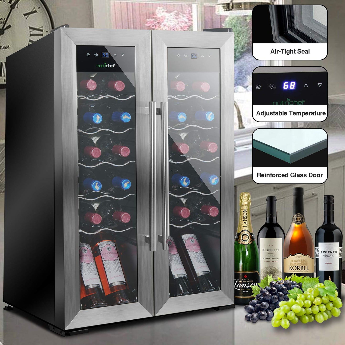24 Bottle Wine Cooler Refrigerator - White Red Wine Fridge Chiller Countertop Wine Cooler - Freestanding Compact Mini Wine Fridge 24 Bottle w/Digital Control, Stainless Steel Door - NutriChef PKCWC24