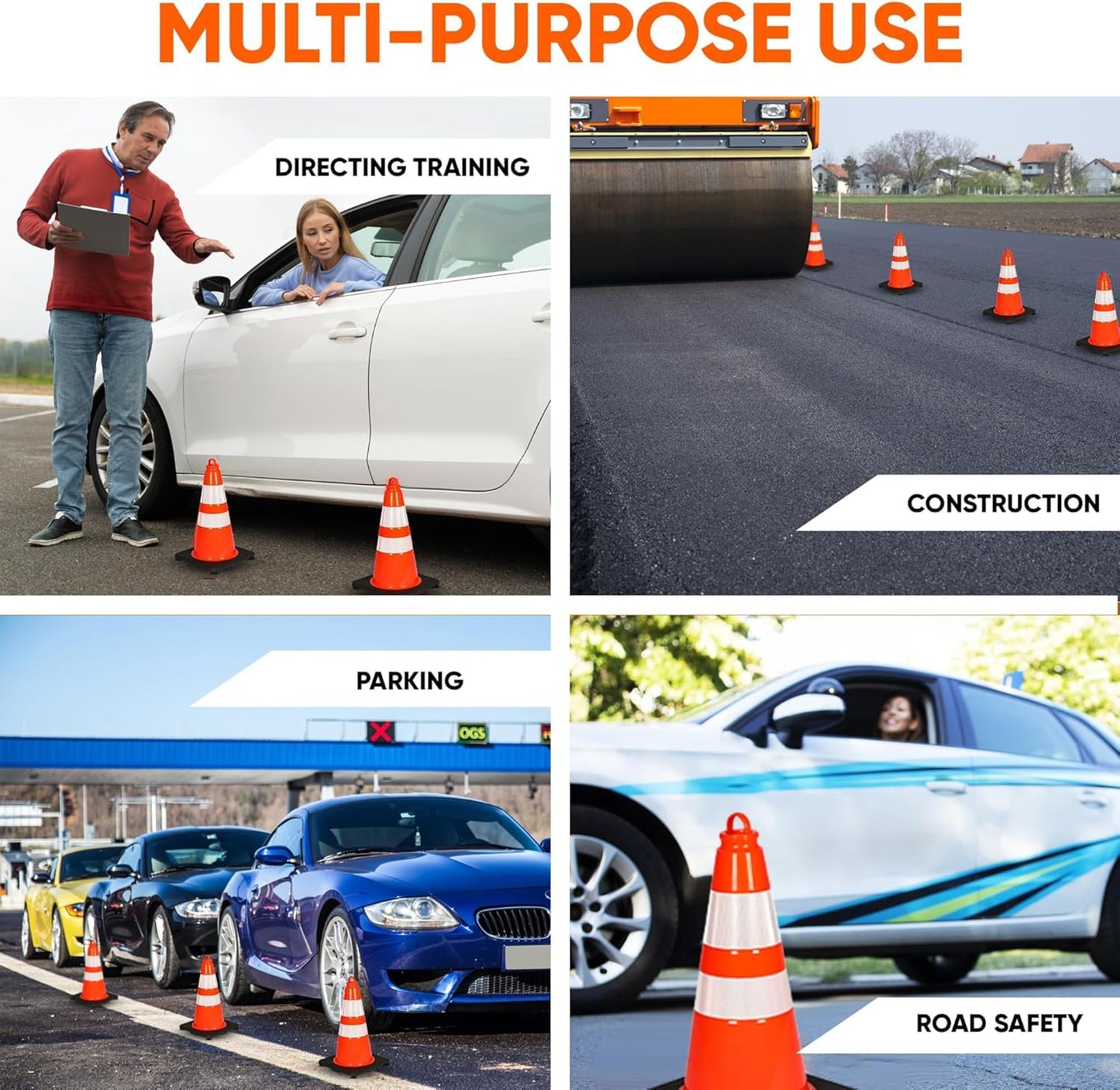 Pyle 18" PVC Traffic Cones, 8-Pack Safety Cones for Parking, Construction, Roadwork, & Sports Training, High-Visibility Orange, Durable, Stackable Design, Heavy-Duty Base for Stability in All Weather