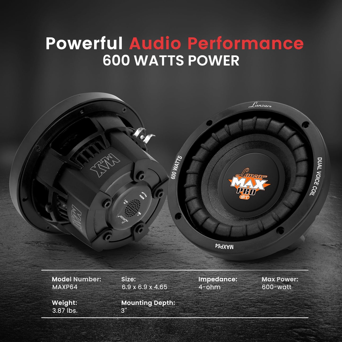 Lanzar 6.5” Car Subwoofer Speaker - Black Non-Pressed Paper Cone, Aluminum Voice Coil, 4 Ohm Impedance, 600 Watt Power and Foam Edge Suspension for Vehicle Audio Stereo Sound System - MAXP64