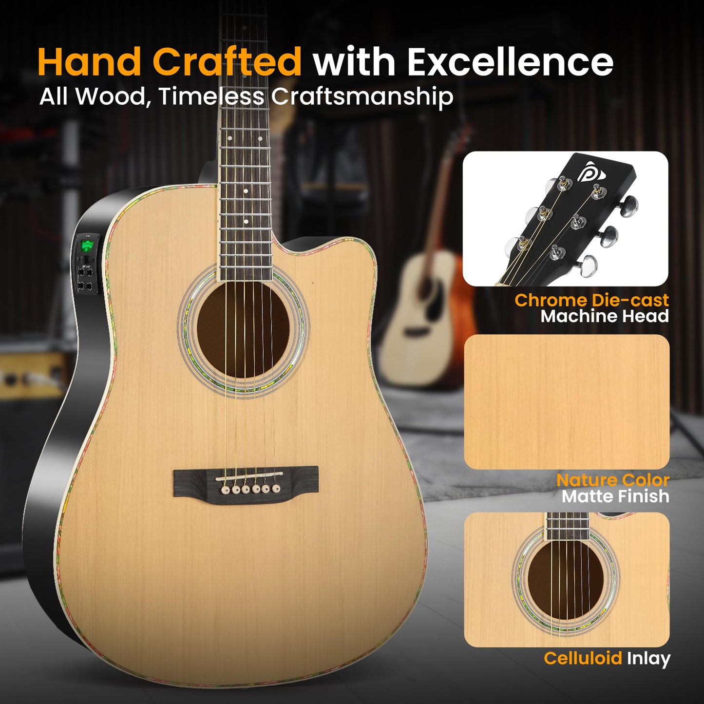 Pyle Cutaway Acoustic Electric Guitar and Amp Kit, 4/4 Full Size Spruce Wood Body with 10W Amplifier, Gig Bag, Strap, Extra Steel Strings, Picks, Cable, for Beginners and Adults, Natural