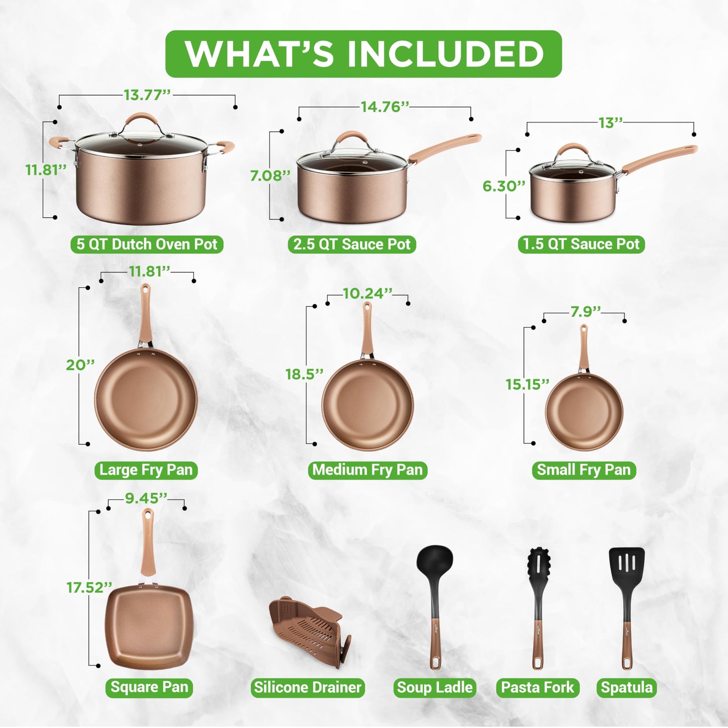 NutriChef 14-Piece Nonstick Cookware PFOA/PFOS-Free Heat Resistant Lacquer Kitchen Ware Set w/Saucepan, Frying Pans, Cooking, Dutch Oven Pot, Lids, Utensils, NCCW14S, Shiny Golden