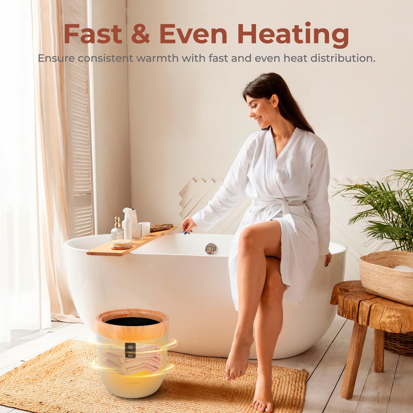 SereneLife Counter Towel Warmer Bucket - with Customized Fragrance for Spa and Bathroom, Luxury Heater, Auto Shut Off, Fits 1 Large Blanket, Bathrobe, PJs (Wood)