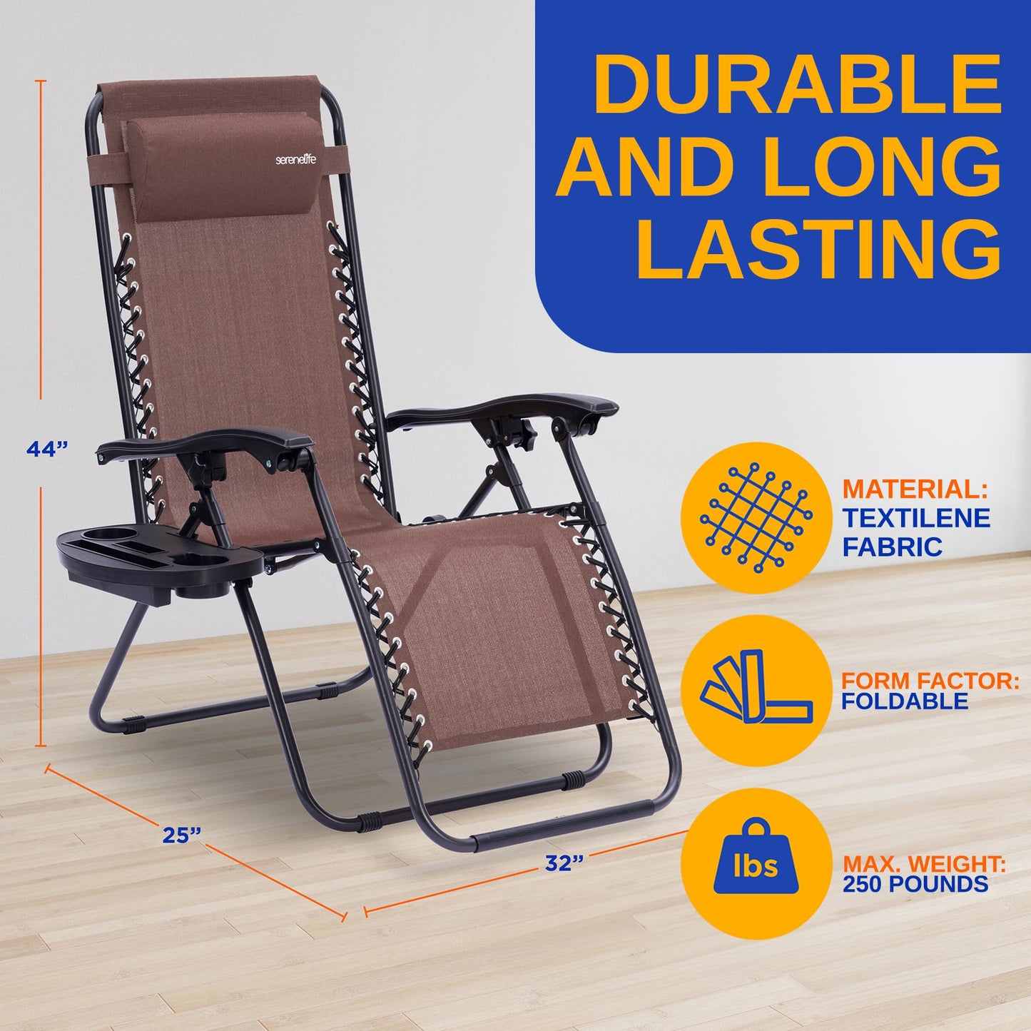 SereneLife Outdoor Zero Gravity Recliner Lounge Chairs 2-Pack with Padded Headrests, Plastic Side Tables & Cup Holders – Foldable Patio, Deck & Lawn Chairs for Relaxing, Camping – Brown