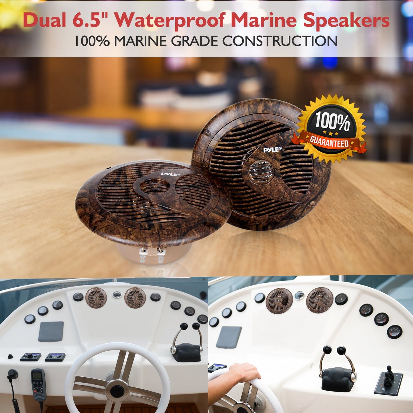Pyle 6.5 Inch Marine Speakers - IP44 Waterproof and Weather Resistant Outdoor Audio Dual Stereo Sound System with 150 Watt Power, Low Profile Design and Camouflage Hunting Style - 1 Pair - PLMR60DK
