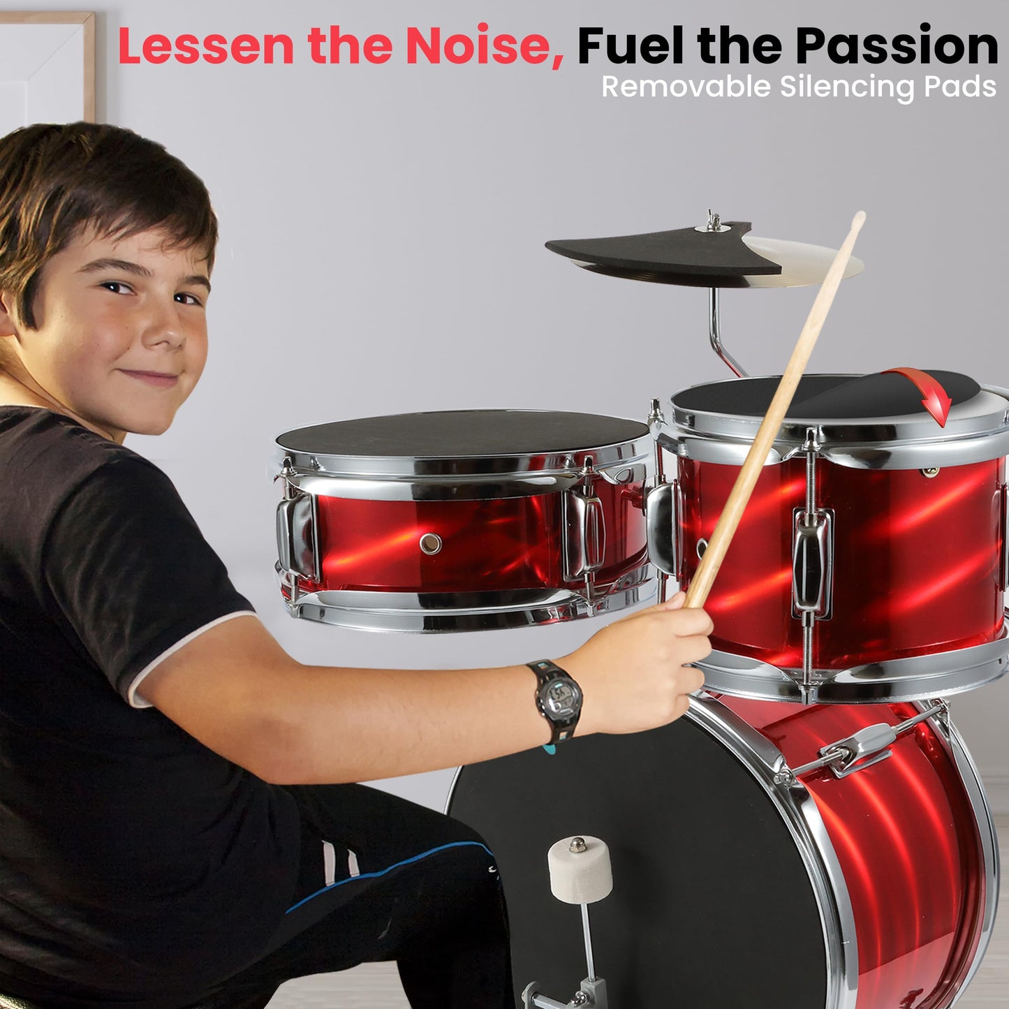 Pyle Kids Drum Set, 3 Piece Beginner Junior Drummer Kit with 13" Bass Drum, Snare, Tom, Cymbal, Adjustable Throne, Mutes, Drumsticks, Red