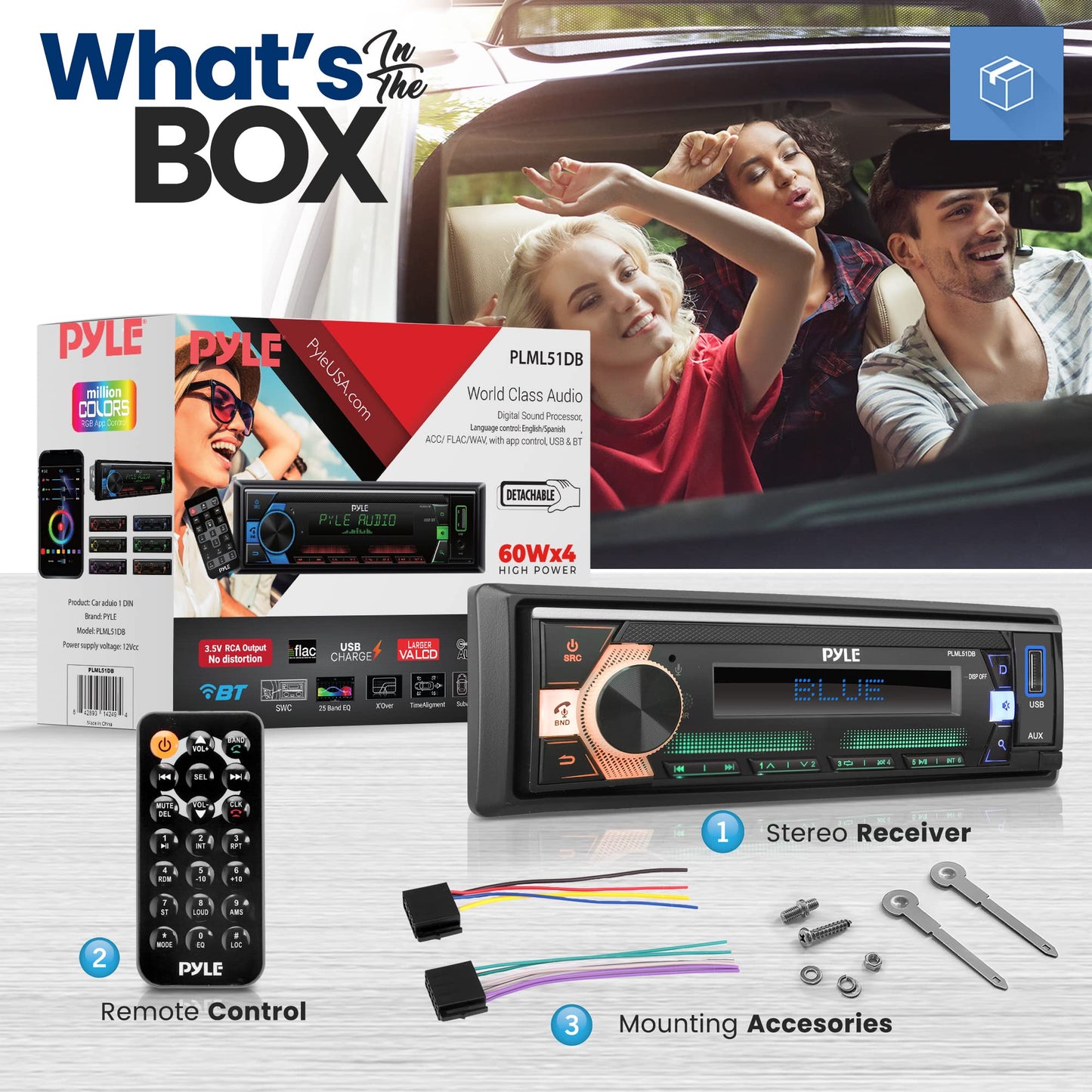PyleUsa 300-Watt Stereo Receiver Power Amplifier - AM/FM/MP3/USB/AUX Stereo Receiver, Single DIN, Bluetooth Compatible, 25 Band EQ, Balance, Fader LCD Display with Remote Control (Black) - PLML51DB