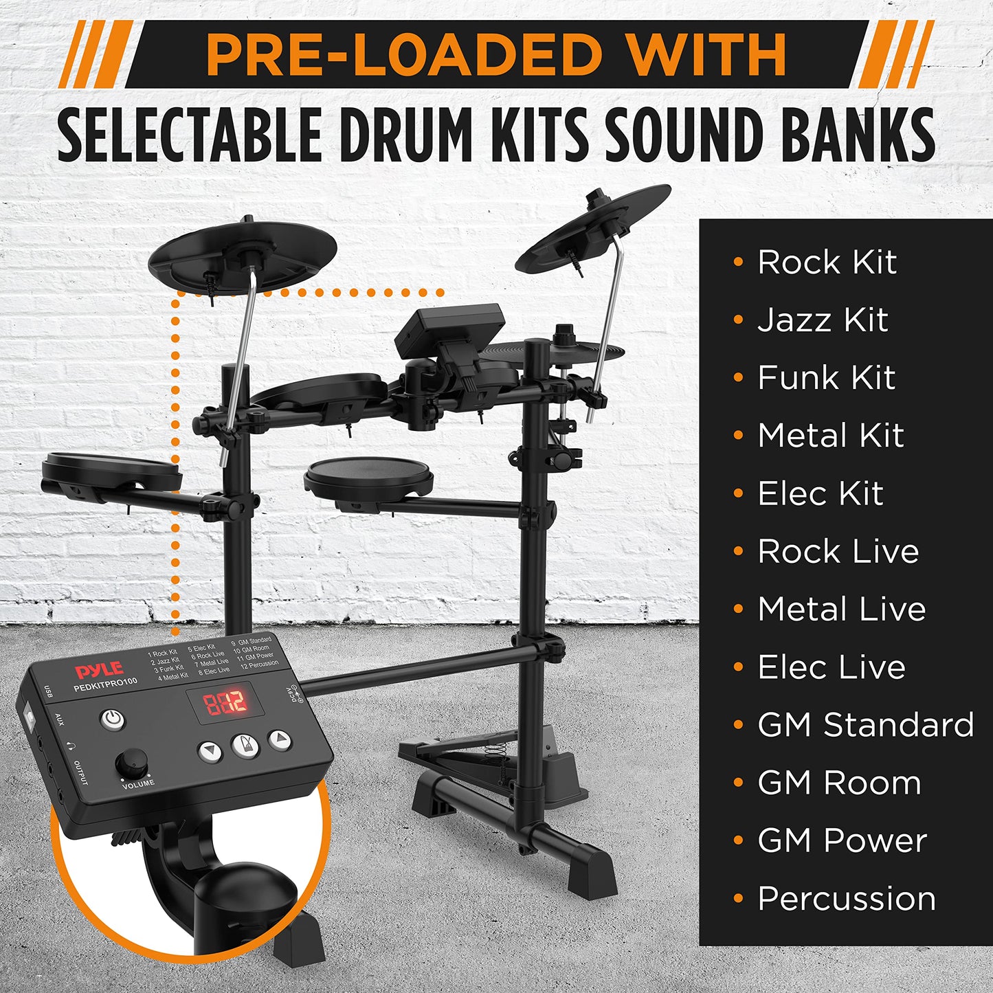 Pyle 7-Piece Electric Drum Set, Electronic Drumming Kit Machine with MIDI Support, Preloaded Sounds, Record Mode, Cymbals, Digital Foot Pedals, Sound Module, Drumsticks, Mac/PC Compatible