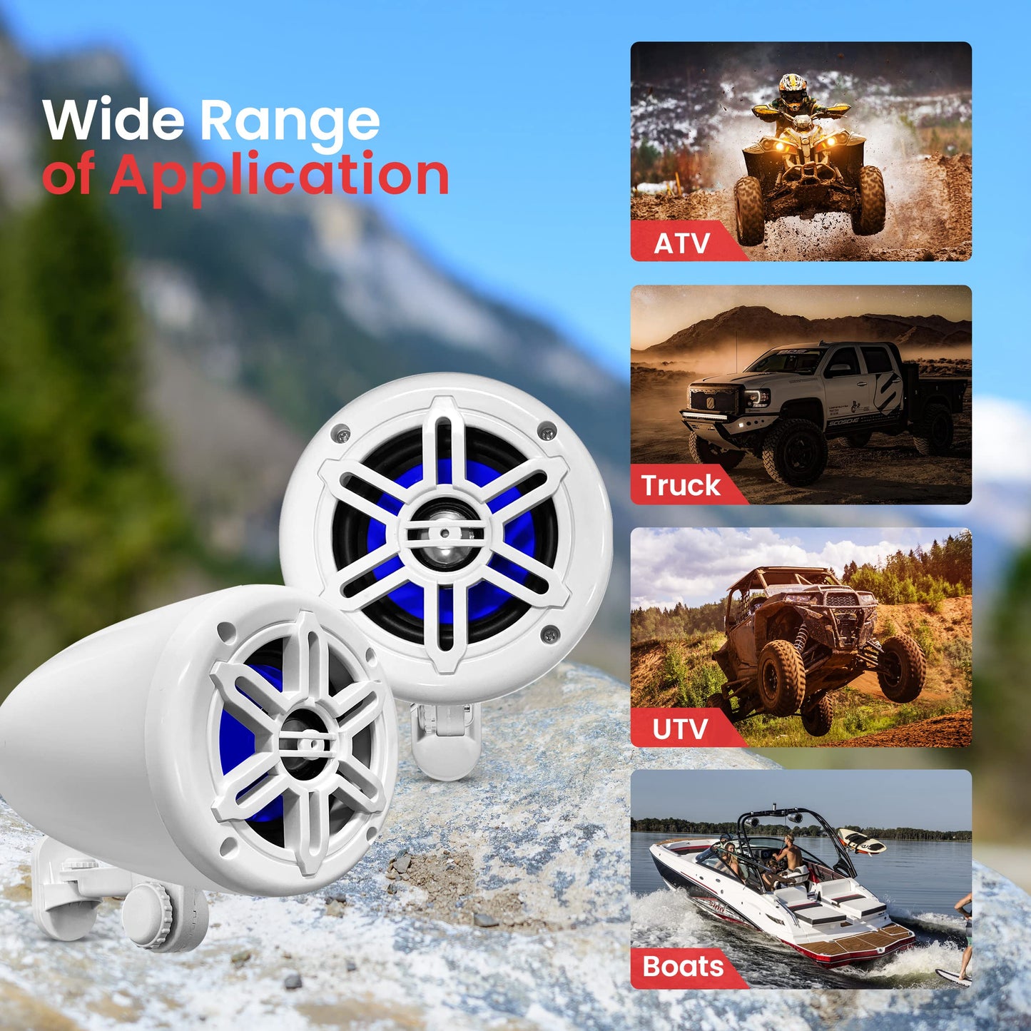 Pyle 4” Waterproof Off-Road Speakers - 150W 2-Way Marine Woofer Sound System w/ 360° Rotatable Bracket, Full Range Outdoor Audio Stereo Speaker for Motorcycle ATV Jeep Boat, Includes Brackets (White)