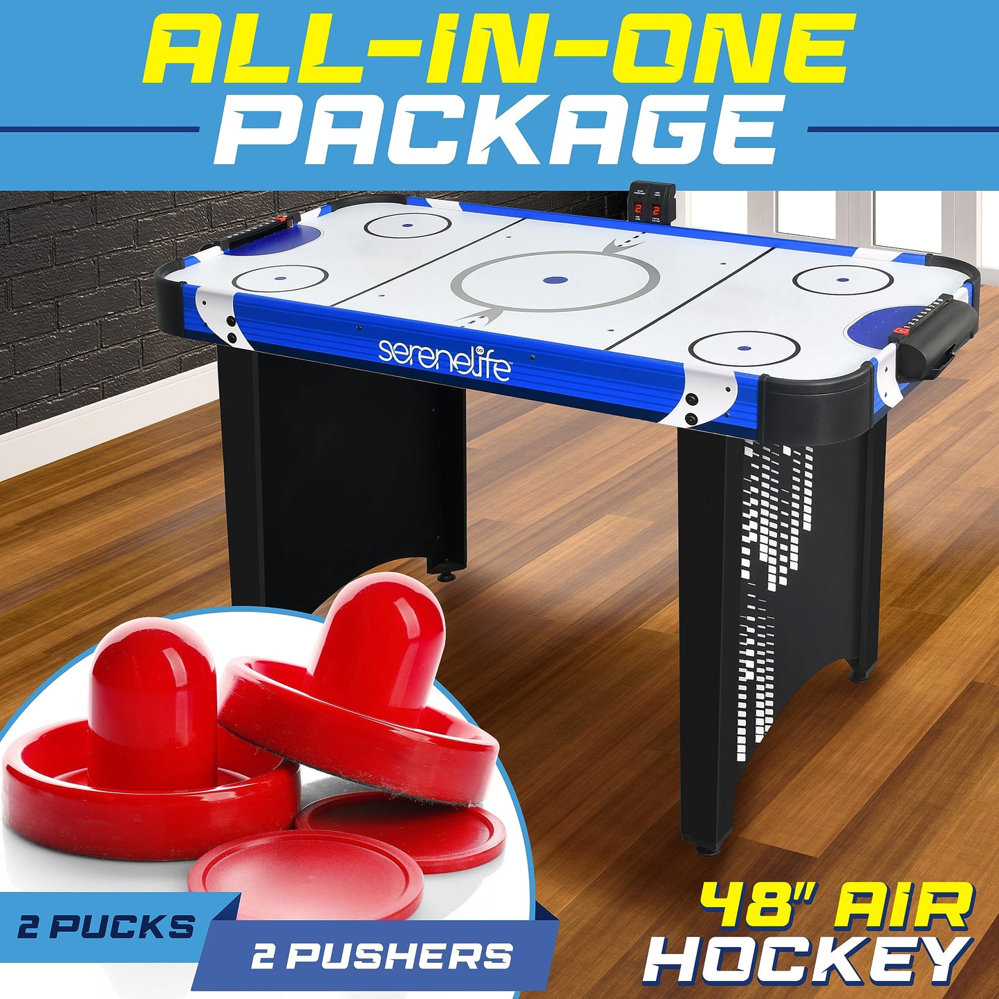 SereneLife 48" Air Hockey Game Table with 2X Stronger Motor, Digital LED Scoreboard, Puck Dispenser & Complete Accessories