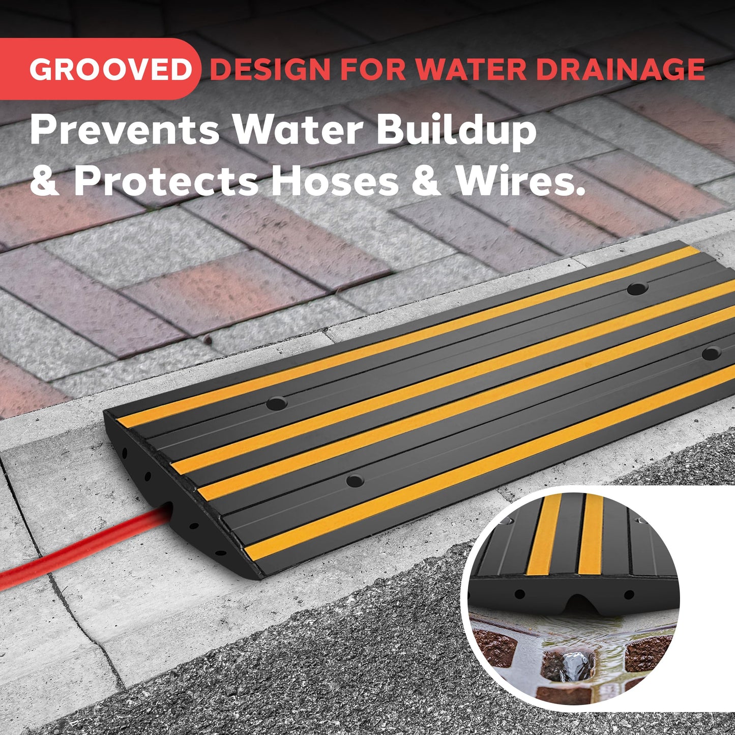 Pyle 4 ft. Rubber Curb Ramp, Non-Slip Threshold Single Ramp for Driveways & Sidewalks, Marine Grade Waterproof, Yellow Reflective Strips, Expansion Screws Included, 48.0’’x 16.0’’ x 2.6’’ Inch