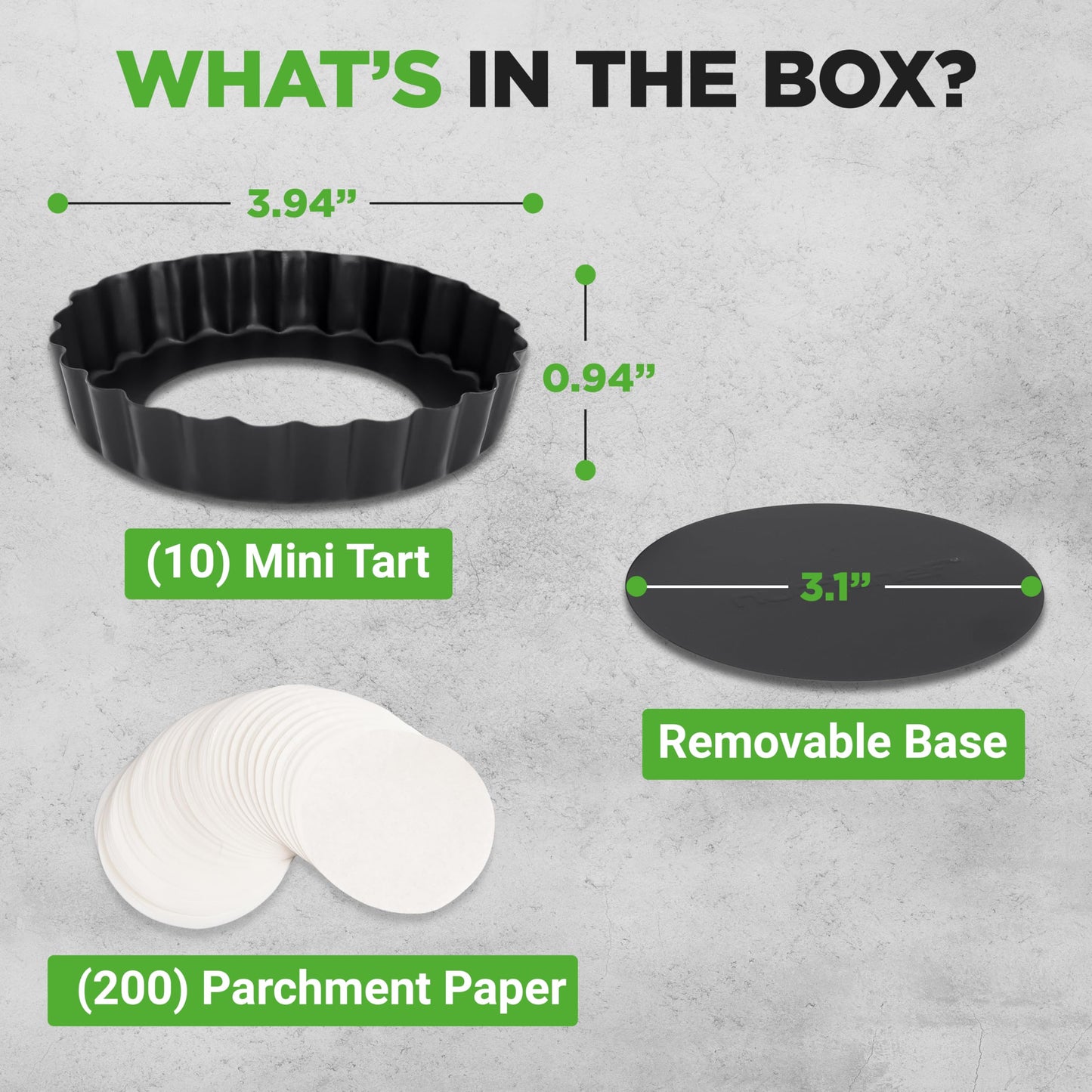 NutriChef Mini Tart Pans 10 Nonstick Molds With Removable Bottoms | 4 Inch Heavy Duty Steel Quiche Pans | Oven & Dishwasher Safe | Fluted Sides for Sweet & Savory Foods | Includes 200 Parchment Papers