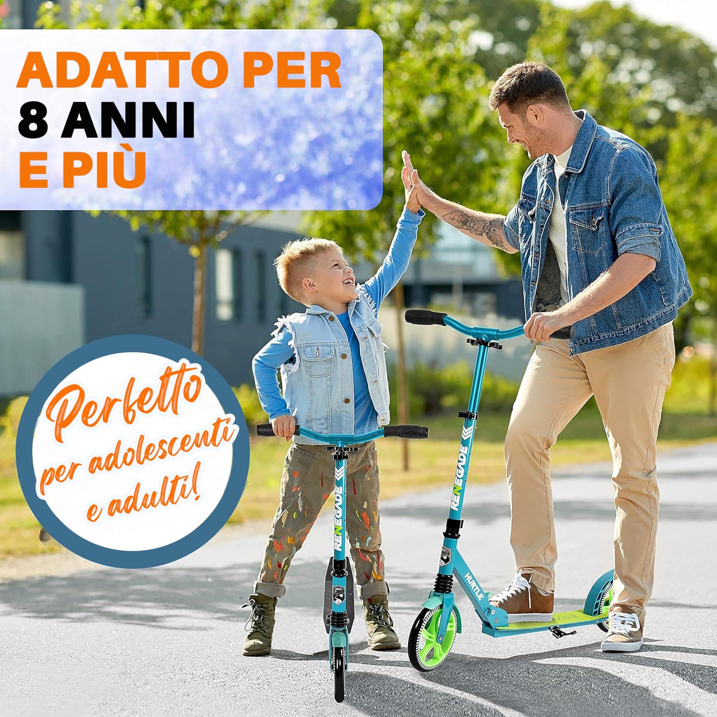 Hurtle Renegade Kick Scooters for Kids Teenagers Adults- 2 Wheel Kids Scooter with Adjustable T-Bar Handlebar - Alloy Anti-Slip Deck - Portable Folding Scooters for Kids with Carrying Strap