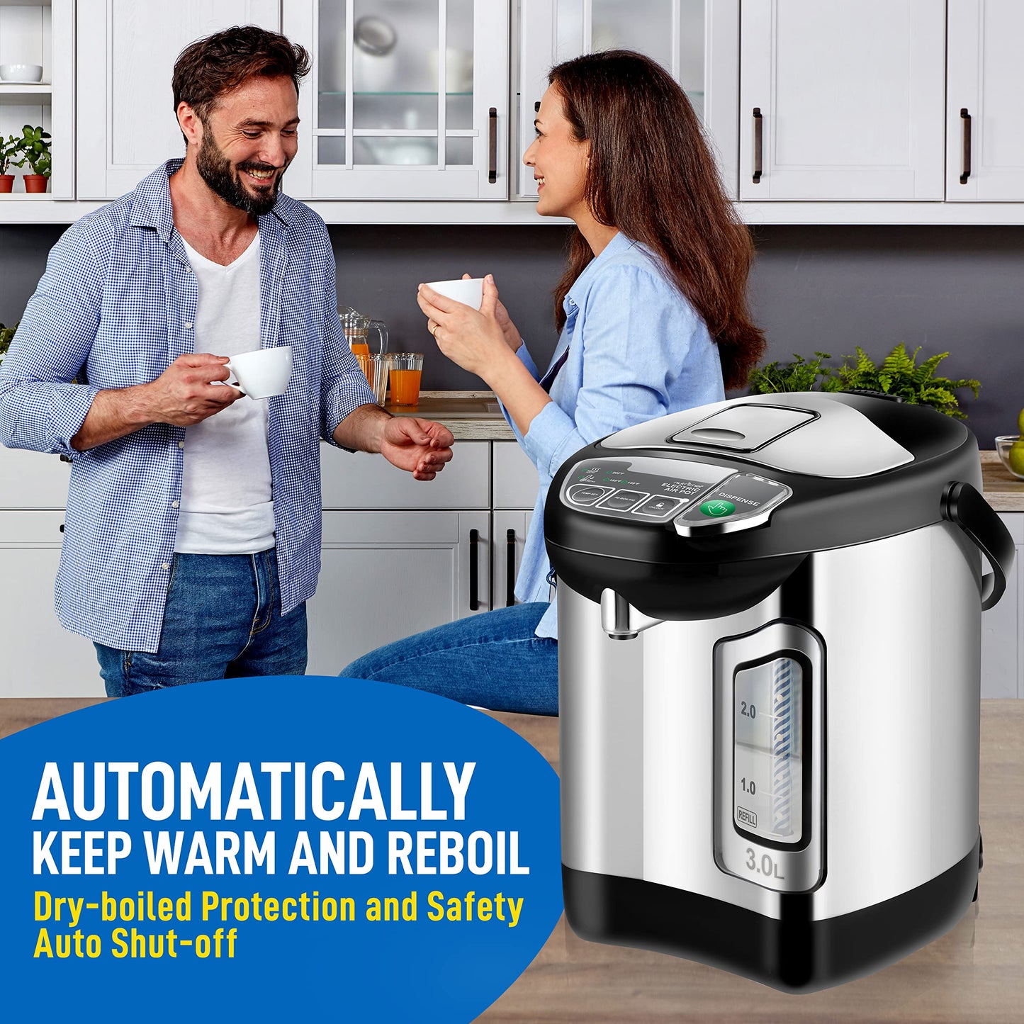 NutriChef Electric Water Boiler and Warmer - 3L/3.17 Qt Stainless Steel Electric Hot Water Dispenser w/Rotating Base, Auto Shut Off, Safety Lock, Instant Heating for Coffee & Tea (NCHUB13)