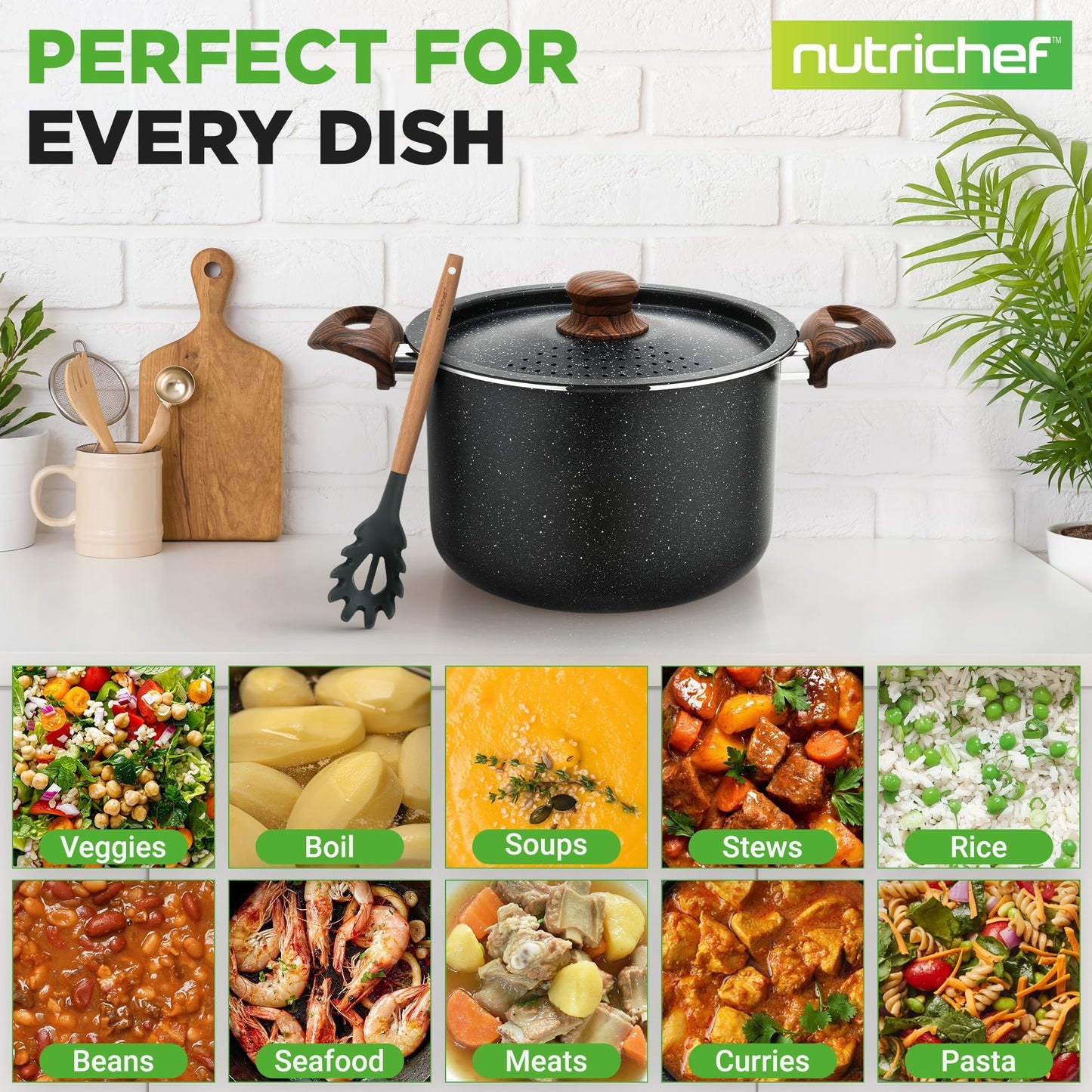 NutriChef 5qt Pasta Pot with Strainer Lid & Pasta Fork | Non-Stick Cooking Pot | Lockable Lid, Heat Resistant Handles | Even Heat Distribution | Easy Clean | Black Marble