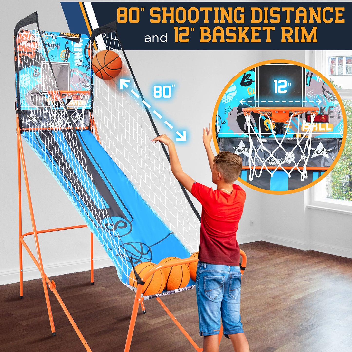 SereneLife Single Hoop Basketball Shootout Indoor Home Arcade Room Game with Electronic LED Digital Basket Ball Shot Scoreboard&Play Timer Fold-up Court Shooting Sports for Adults Player, Blue