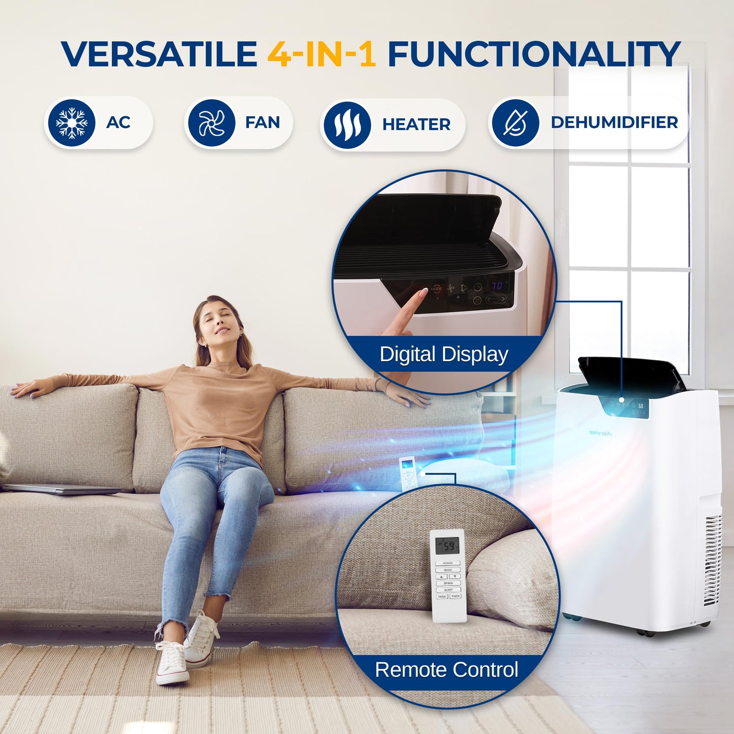 SereneLife Portable Air Conditioner 12000 BTU - 4-in-1 with Heating - Compact Standing Air Conditioner for Room Up to 380 Sq. Ft. - WiFi app + Remote Control, Window Mount Exhaust Kit