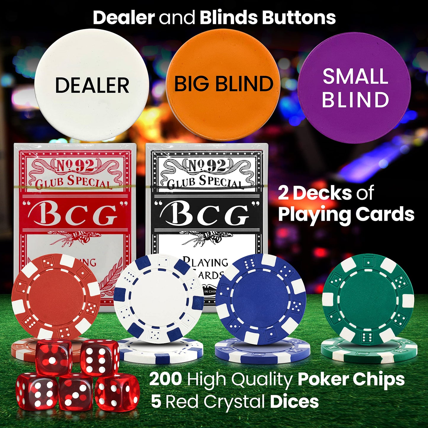 SereneLife Poker Chip Set for Texas Holdem, Blackjack Gambling- 11.5 Gram Casino Chips Set w/Aluminum Case, Playing Cards, Button, Dice- 200 PCS (Grey)