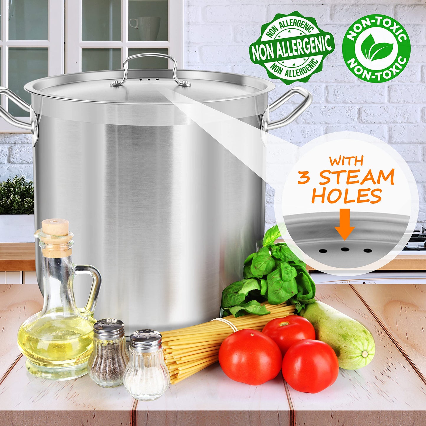 Nutrichef Stainless Steel Cookware Stockpot, 40 Quart Heavy Duty Induction Soup Pot With Stainless Steel Lid And Strong Riveted Handles, Even Heat Distribution, Compatible With Most Cooktops