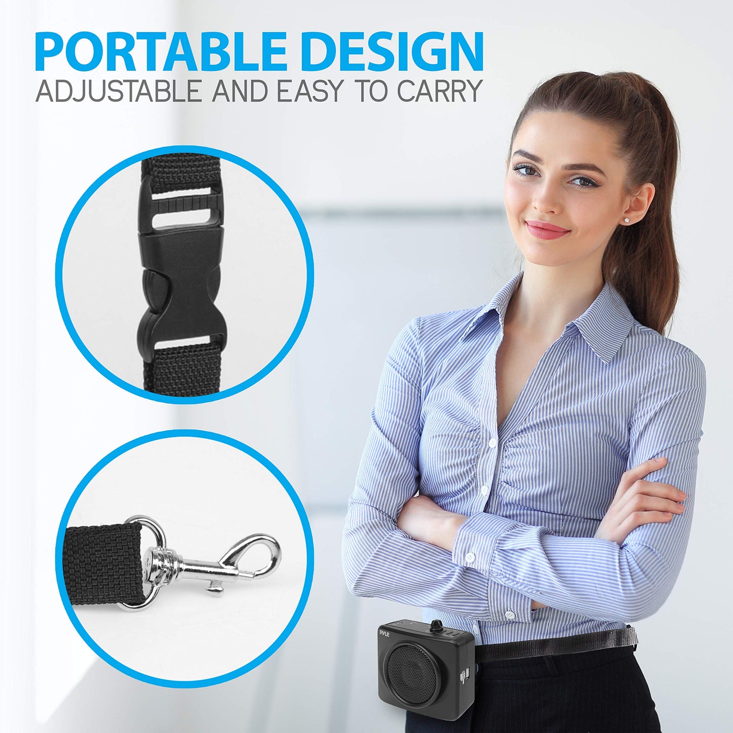 PYLE-PRO Portable Waist-Band PA Speaker System - Compact Voice Amplifier and Headset Microphone Set with Built-in Rechargeable Battery, MP3/USB Playback, AUX, Power Adapter, Strap, Belt Clip PWMA60UB