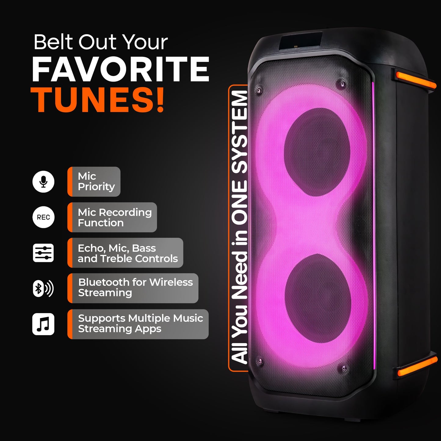 Pyle Compact Bluetooth PA Party Speaker System, 160W Dual 6.5" Karaoke Machine with Mic, Rechargeable Battery, USB/SD/BT/FM Radio, TWS Function & Party Lights, Speaker Bag Included, 11.8"x11.8"x26.4"
