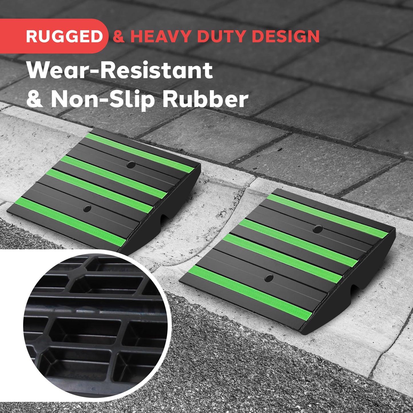 Pyle 1 Ft. Rubber Threshold Curb Ramp - Heavy Duty Non-Slip Rubber, Easy Mounting with Expansion Screws, Green Reflective Strips - Ideal for Driveways, Sidewalks, and Vehicle Ramps - 12.0"x16.0"x 2.6"