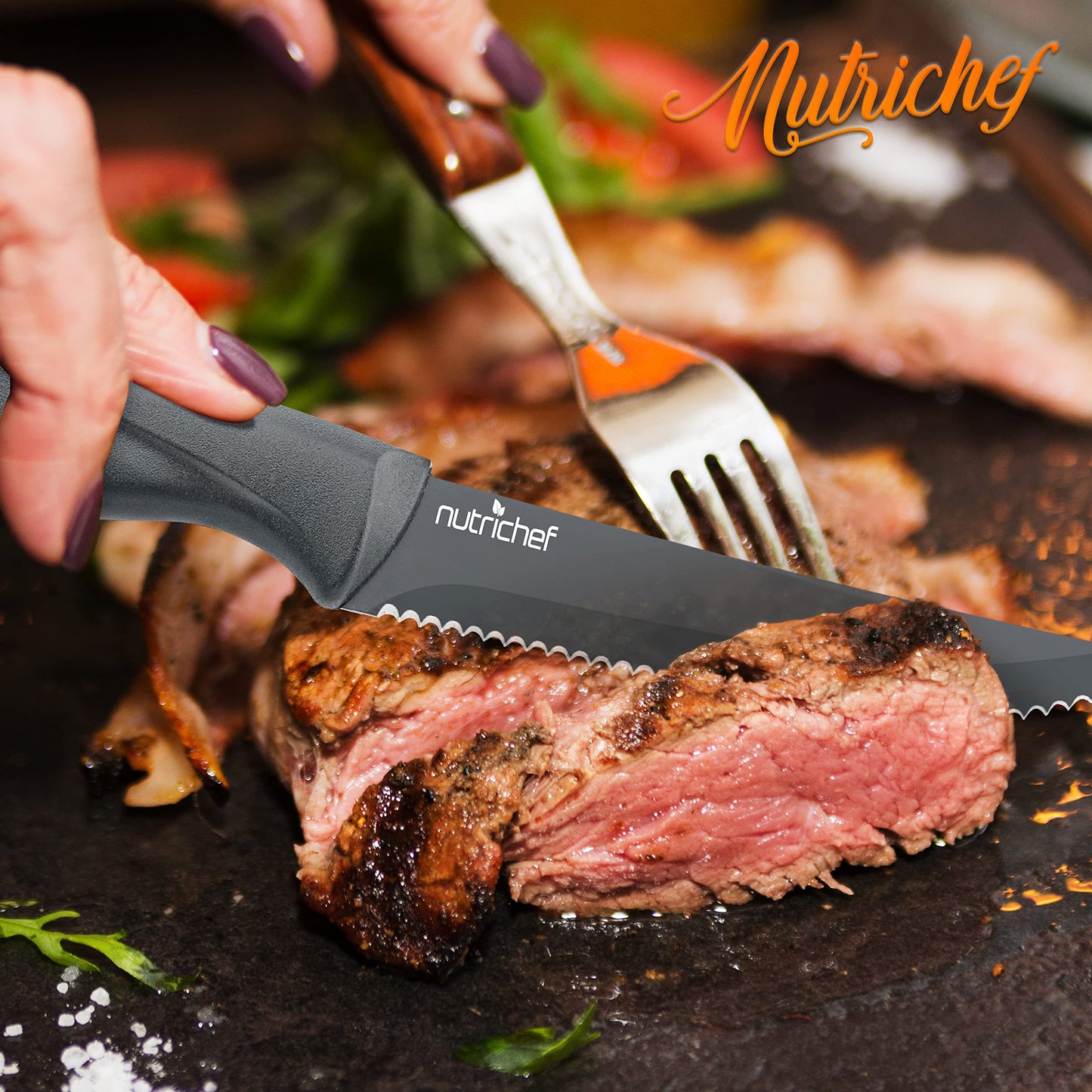 8 Piece Kitchen Knife Set - Multi-purpose Unbreakable Ergonomic Non-stick Stainless Steel Kitchen Steak Knives Set with Fully Serrated Blades - Great for BBQ Grill - NCSK8GY