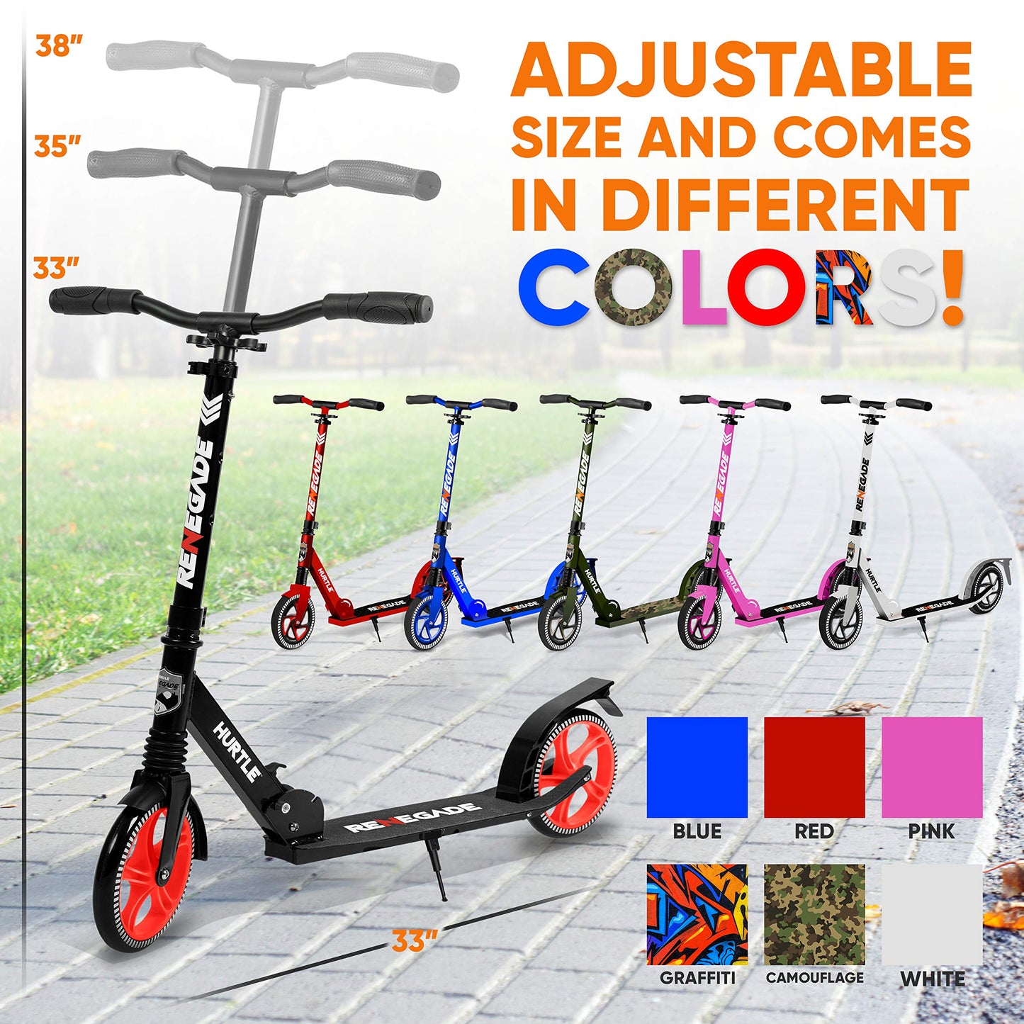 Hurtle Lightweight and Foldable Kick Scooter - Adjustable Scooter for Teens and Adult, Alloy Deck with High Impact Wheels (Black)