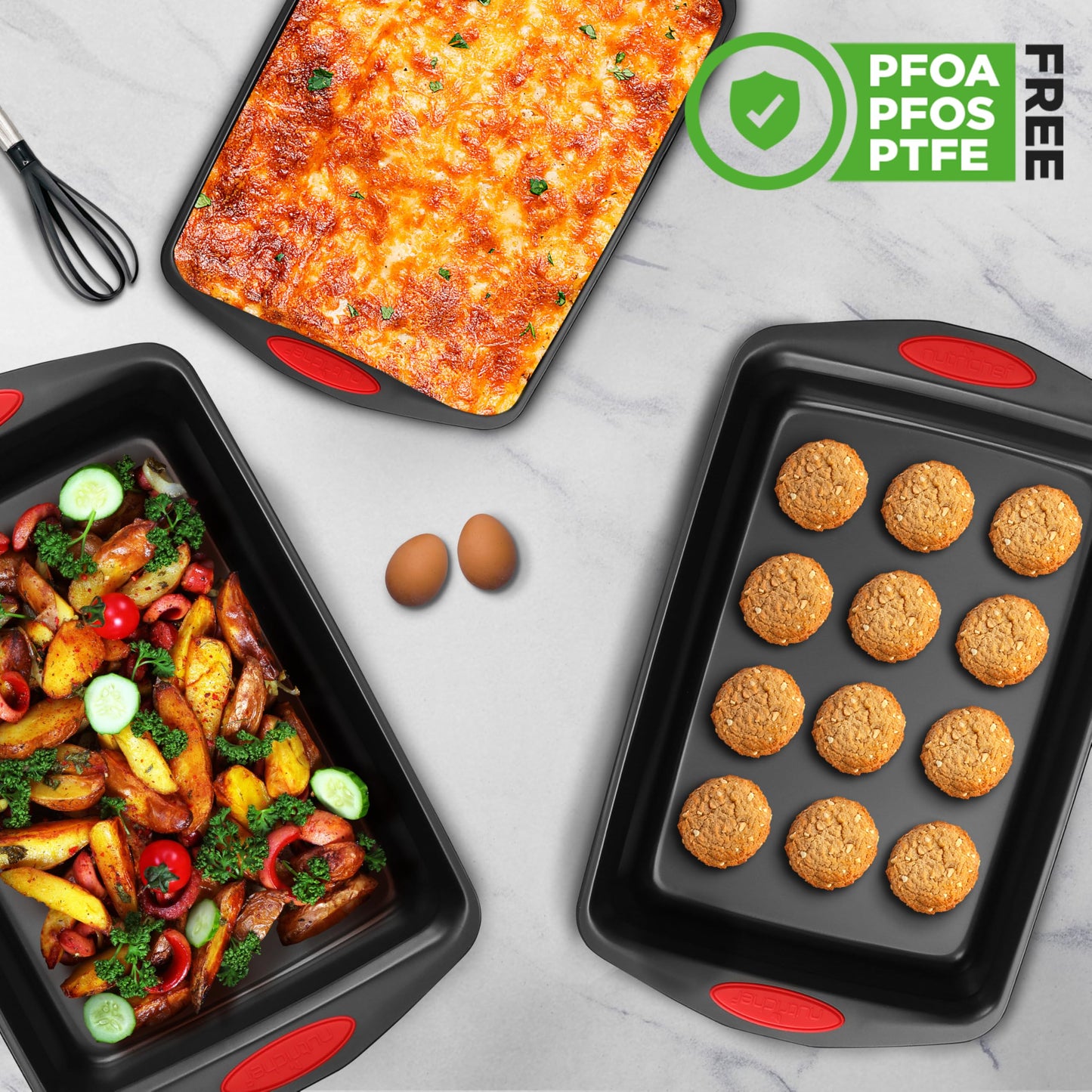 NutriChef 3-Piece Baking Pan Set - Premium Nonstick Carbon Steel Bakeware w/ Silicone Handles - Includes Large, Medium, & Small Pans for Baking & Roasting - PFOA, PFOS, PTFE Free - Black
