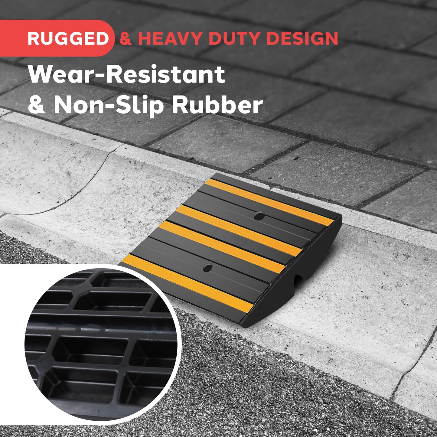 Pyle Rubber Curb Ramp for Driveway – 1 Ft. Heavy Duty Non-Slip Waterproof Vehicle Ramp with Yellow Reflective Safety Strips, Supports up to 11,000 lbs, Includes Expansion Screws for Indoor/Outdoor Use