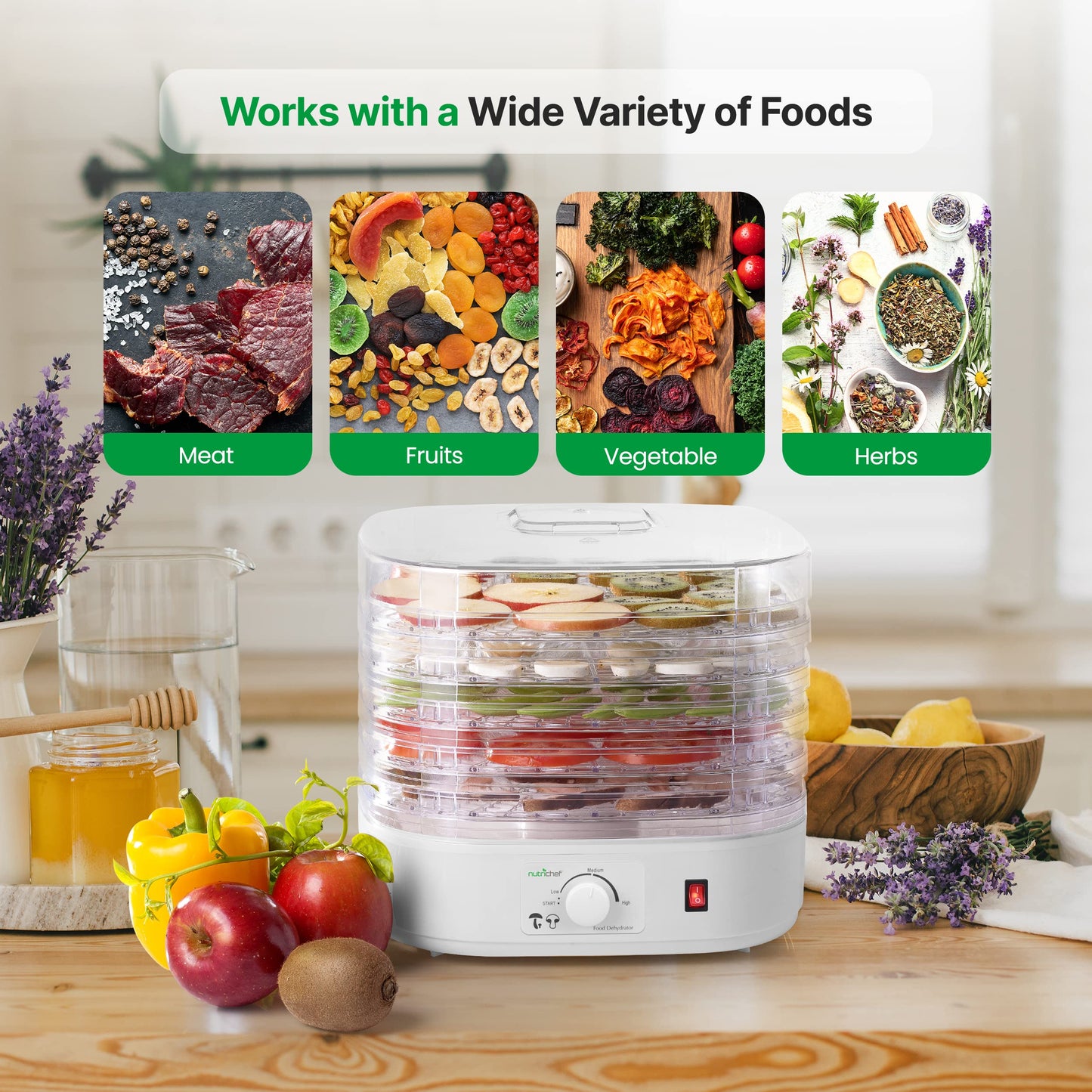 Nutrichef Food Dehydrator Machine | Dehydrates Beef Jerky, Meat, Food, Fruit, Vegetables & Dog Treats | Great For At Home Use | High-Heat Circulation for Even Dehydration | 5 Easy to Clean Trays