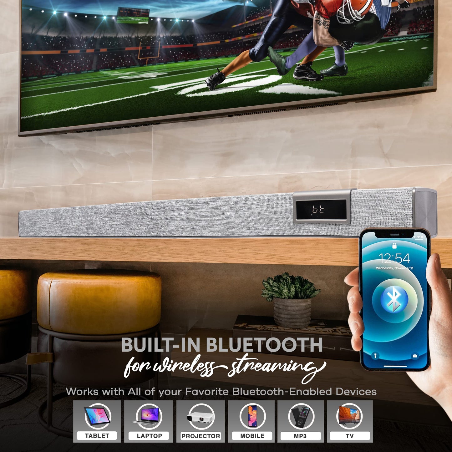 PyleUsa Home Bluetooth Audio Sound bar Stylish, 60W 35" for TV, Supports 4K & HDMI TV's, Optical, COAXIAL, AUX, w/Remote Control,Coaxial & RCA Cables,Class D Digital Stereo Power Amplifier - PSBV40BT