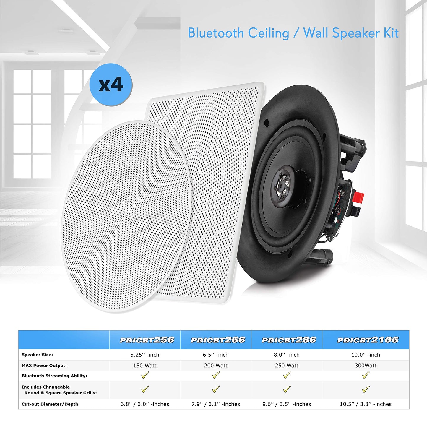 Pyle 5.25” 4 Bluetooth Flush Mount In-wall In-ceiling 2-Way Speaker System Quick Connections Changeable Round/Square Grill Polypropylene Cone & Tweeter Stereo Sound 4 Ch Amplifier 150 Watt (PDICBT256)