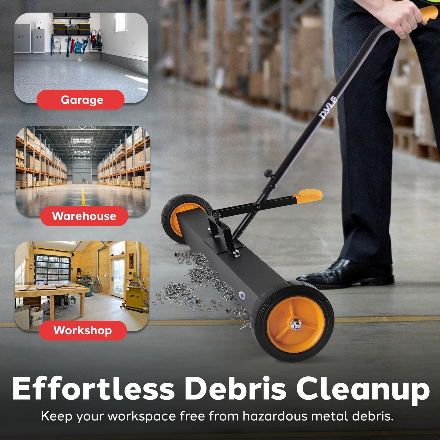 Pyle 36" Rolling Magnetic Sweeper with Adjustable Handle - Strong and Durable Metal Construction Heavy-Duty Cleaning/Metal Pickup for Industrial and Commercial Use (Black and Orange)