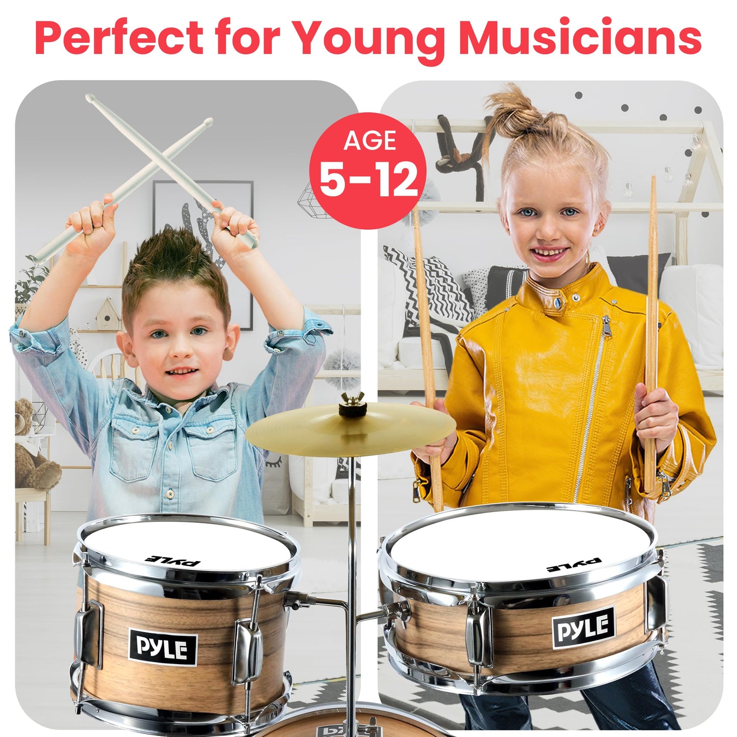 Pyle Kids Drum Set, 3 Piece Beginner Junior Drummer Kit with 13" Bass Drum, Snare, Tom, Cymbal, Adjustable Throne, Mutes, Drumsticks, Natural