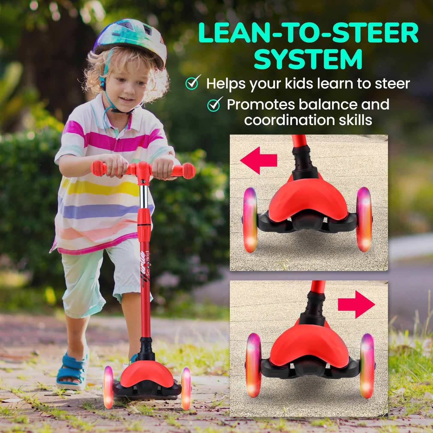 Hurtle Mini Kickboard Scooter for Kids - Height Adjustable 25''-28'', Lightweight 3-Wheel with LED Light-up Wheels, Anti-Slip,Indoor/Outdoor Fun, Micro Scooters for Ages 2-5 (Red)