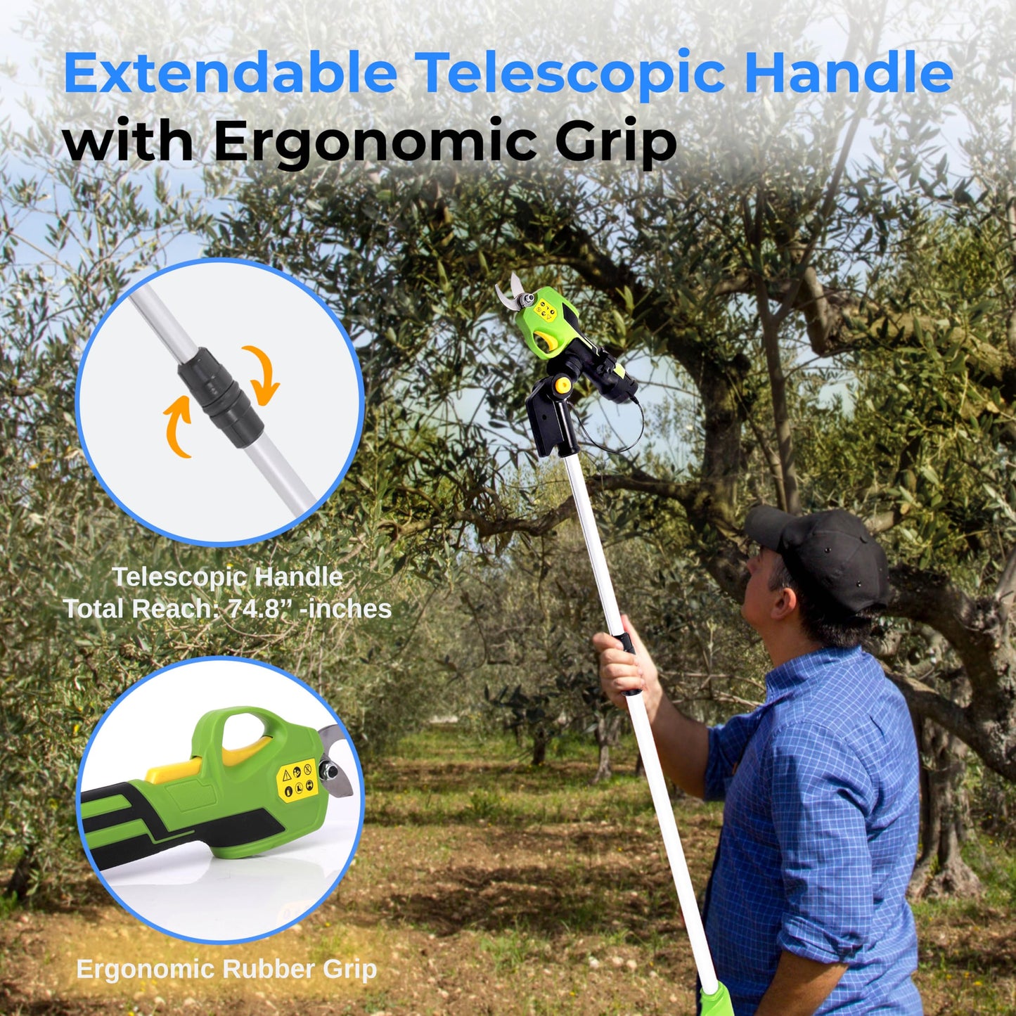 Serenelife Cordless Pruning Shears & Branch Cutter - Electric Pruner with 6 feet of Extension Reach - Rechargeable Battery & .98 IN Cutting Diameter - Ideal for Bushes, Roses, Gardens & Branches