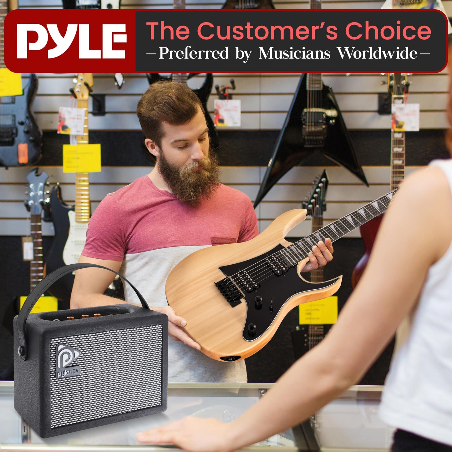 Pyle Prog Rock EG Series Electric Guitar with Amp Kit, 39" Full Size with Dual Humbucker Pickups, Low Profile Neck and Solid Paulownia Body, Premium Accessory Kit Included (Natural)