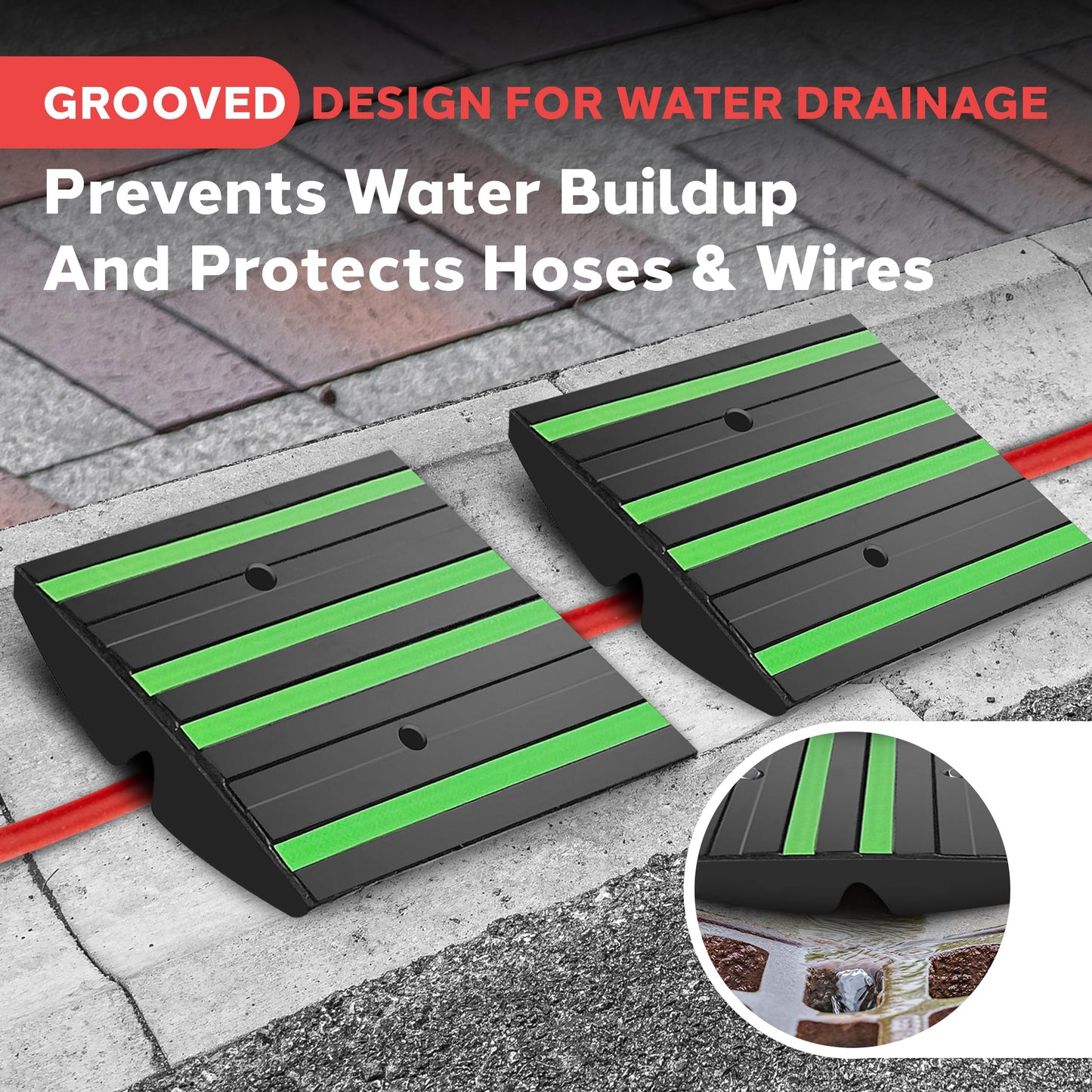 Pyle 1 Ft. Rubber Threshold Curb Ramp - Heavy Duty Non-Slip Rubber, Easy Mounting with Expansion Screws, Green Reflective Strips - Ideal for Driveways, Sidewalks, and Vehicle Ramps - 12.0"x16.0"x 2.6"
