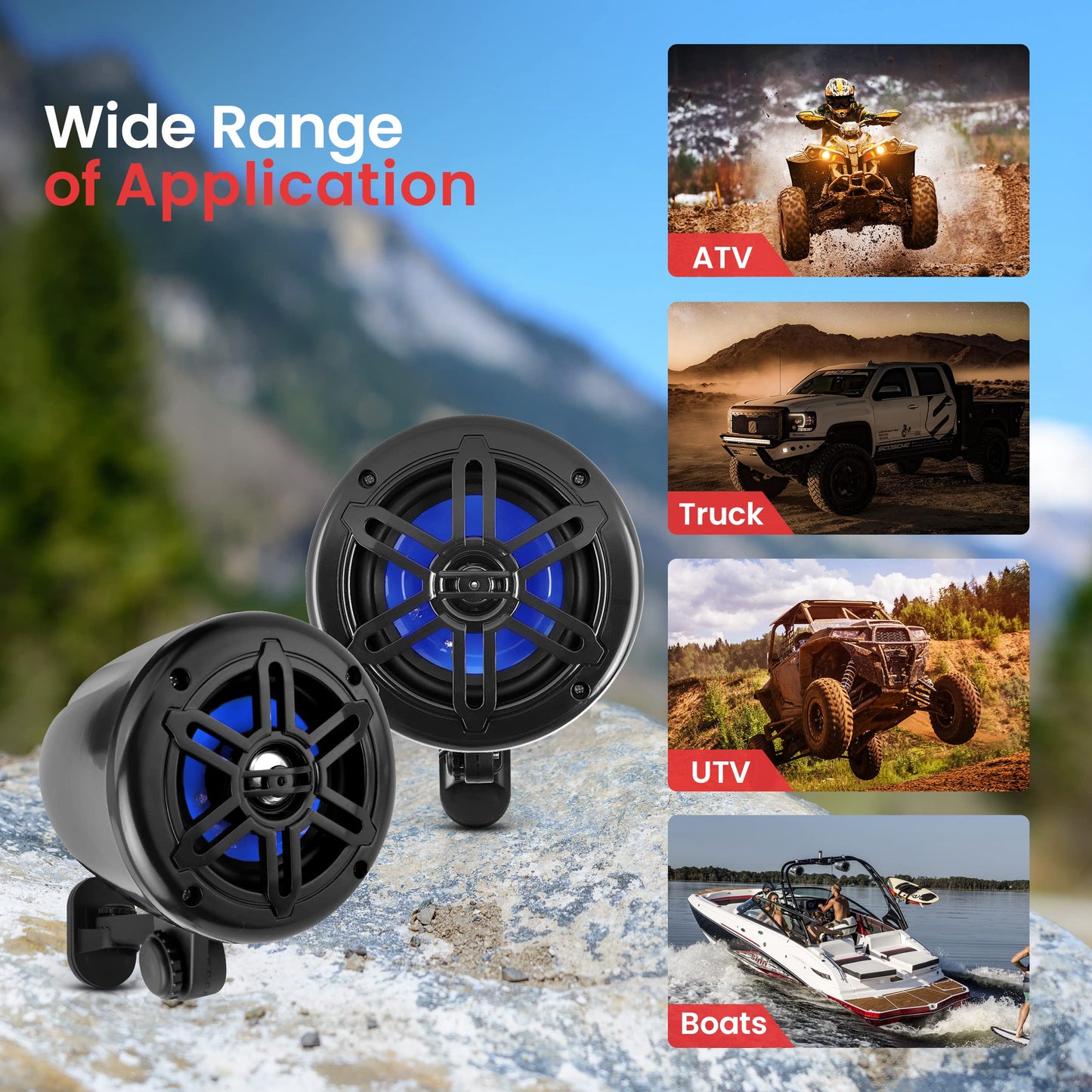 Pyle 4” Waterproof Off-Road Speakers - 150W 2-Way Marine Woofer Sound System w/ 360° Rotatable Bracket, Full Range Outdoor Audio Stereo Speaker for Motorcycle ATV Jeep Boat, Includes Brackets (Black)