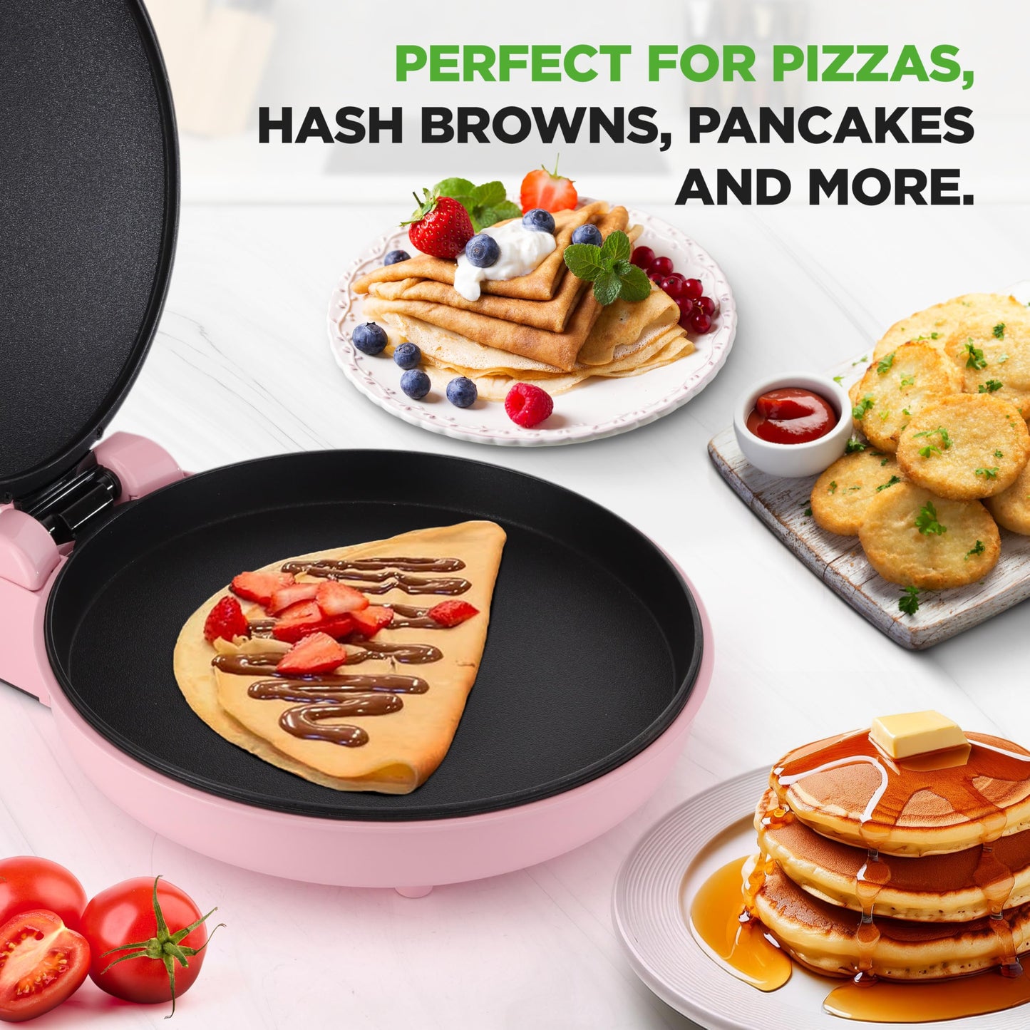 NutriChef Countertop Pizza Maker | 1500W Non-Stick Electric Pizza Cooker | Make 12" Personal Pizzas, Eggs, Toast & More | Cool-Touch Handles, Compact & Space-Saving | Temp Range 175-400°F | Pink
