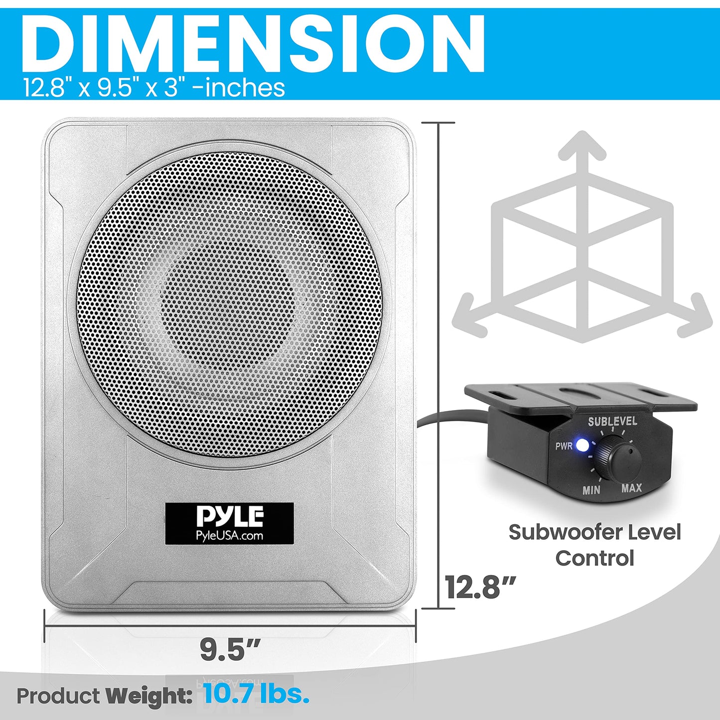 Pyle 8-Inch Low-Profile Amplified Subwoofer System - 600 Watt Compact Enclosed Active Marine Underseat Car Subwoofer with Built in Amp, Powered Car Subwoofer w/Low & High Level Inputs PLMRSBA8,Silver