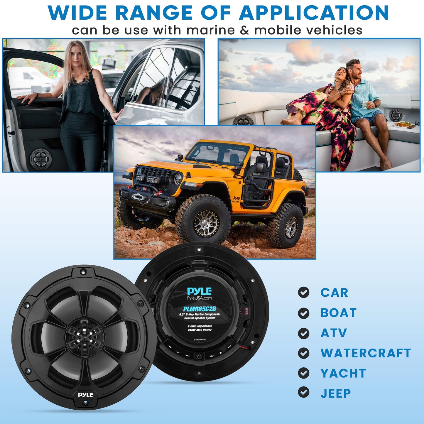 Pyle Two Way Marine Speaker System, One Pair 6.5'' Black Two-Way Marine Component Speaker, 240 Watts Max Power with 4 Ohm Impedance, Waterproof, Butyl Surround Sound and Surface Mount Capability