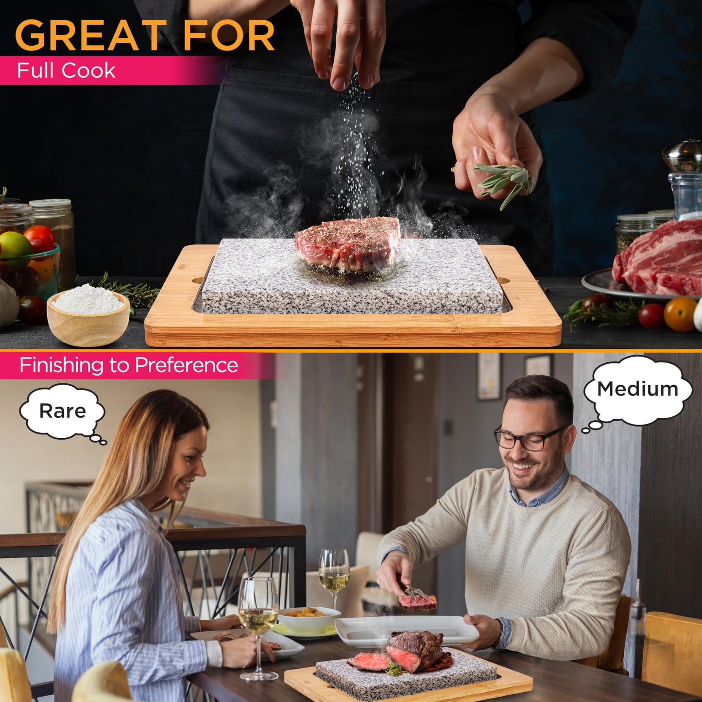 NutriChef Sizzle Hot Cooking Stone Grill with Bamboo Platter, Tabletop Granite Stone Grill with Non-Slip Handles, Adjustable Temperature Control, 550°F Max Heat - Perfect for Meats and Vegetables