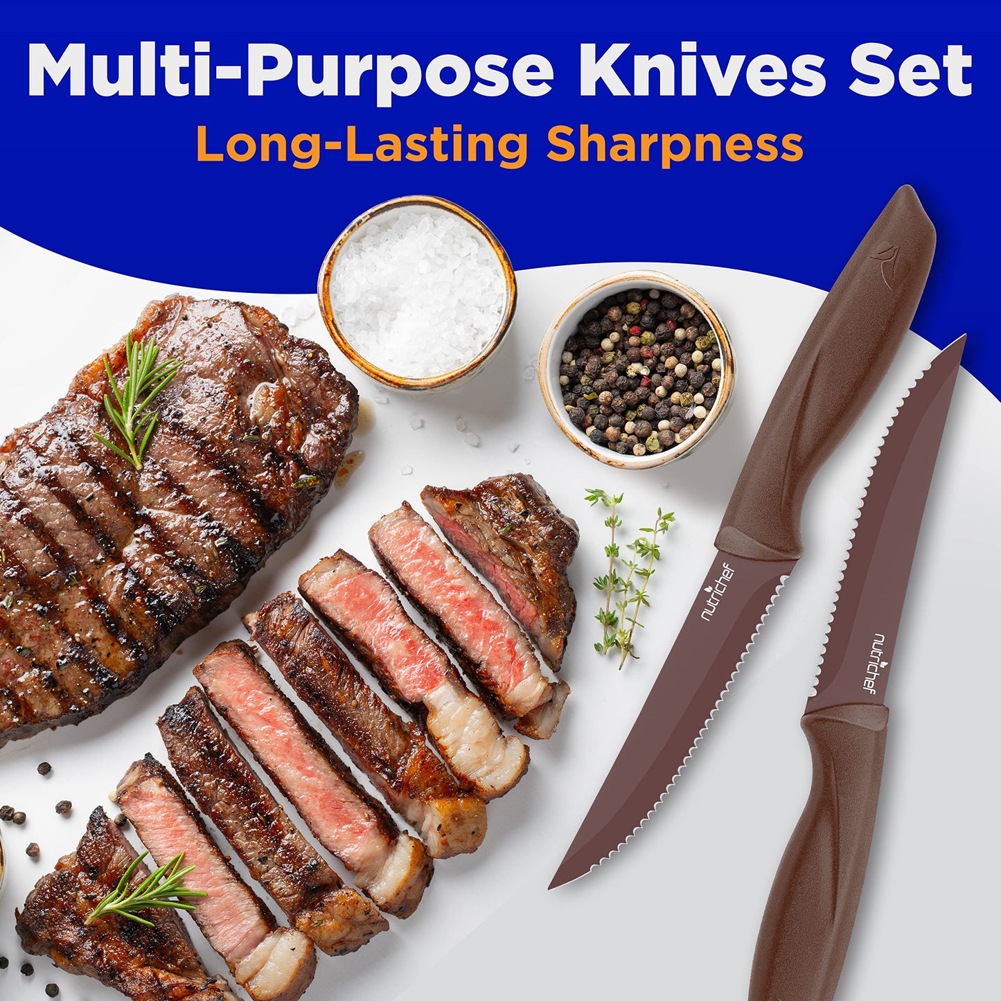 NutriChef 8 Piece Kitchen Knife Set - Multi-purpose Unbreakable Ergonomic Non-stick Stainless Steel Kitchen Steak Knives Set with Fully Serrated Blades - Great for BBQ Grill - NCSK8BW,Brown