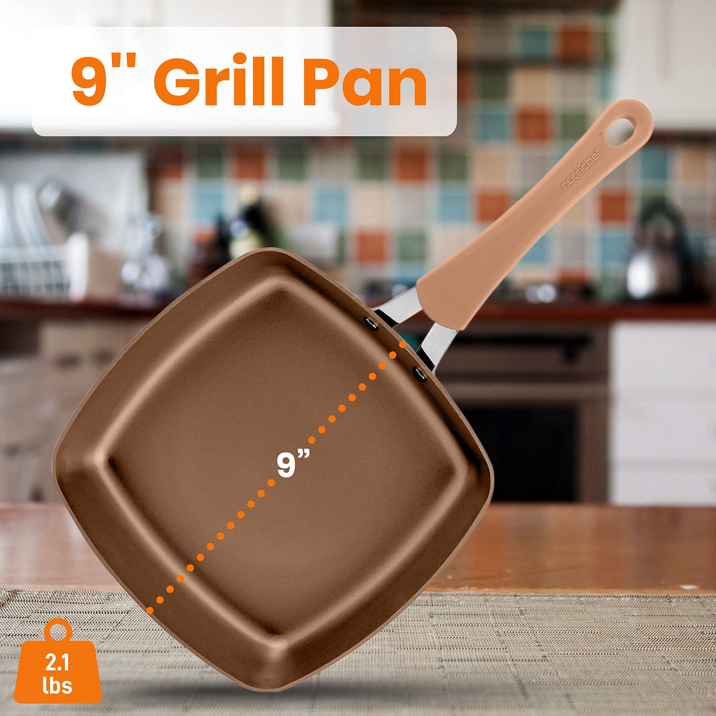 NutriChef 9.45'' Durable Stylish Grill Pan-Non-Stick High-Qualified Cookware, Induction PTFE/PFOA/PFOS-Free Heat Resistant Lacquer Kitchen Ware, Compatible with Models: NCCW14S & NCCW20S, 1, Golden