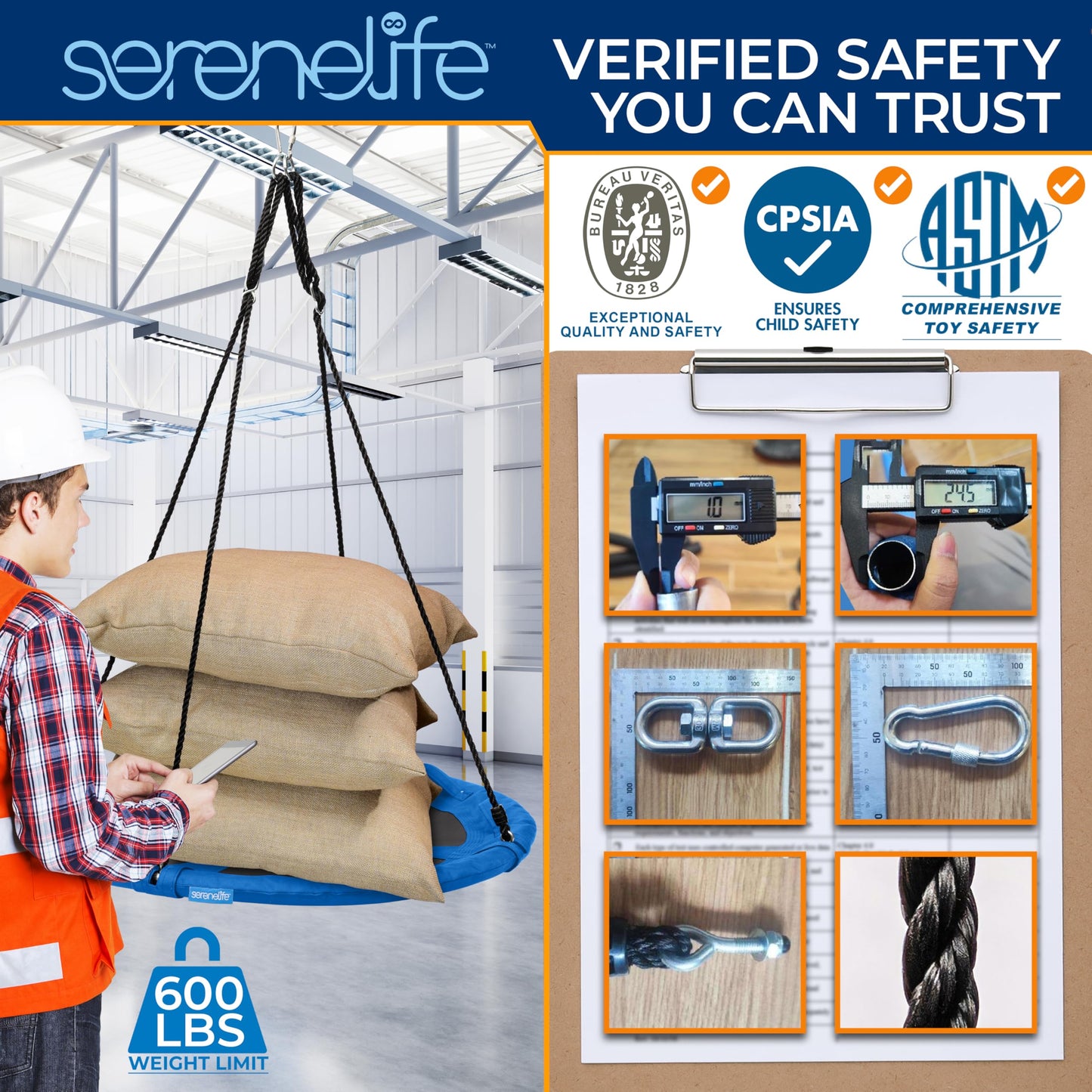 SereneLife 40" Saucer Swing - Outdoor Swing Set with Universal Hanging Kit, Swinging Seat Spinner with Pillow & Carry Bag, Weatherproof, Water-Resistant, Supports Up to 700 lbs, Blue