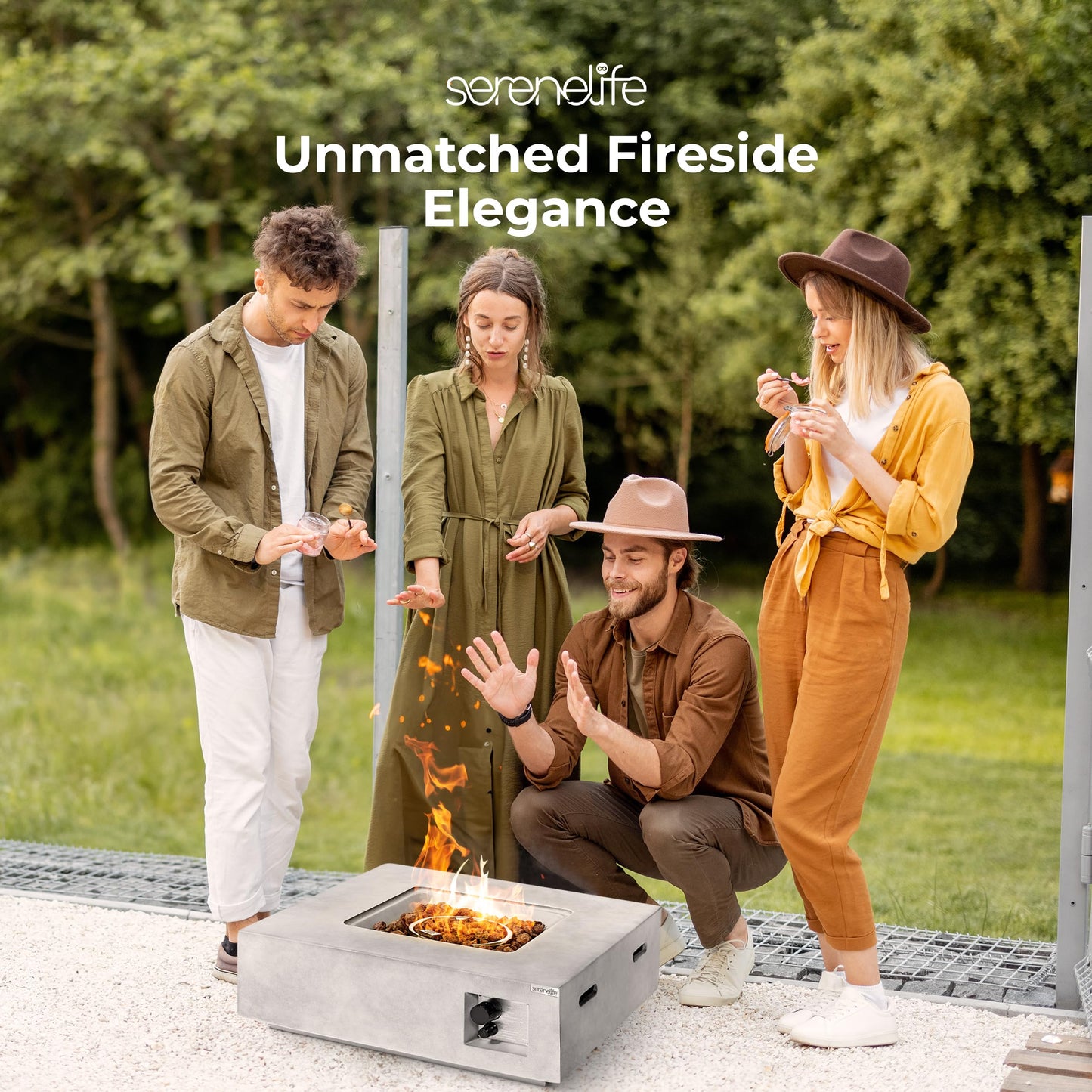 SereneLife Propane Gas Fire Pit Table - 40,000 BTU Square Outdoor Firepit with Cover, Lava Rock, and Adjustable Flame Height