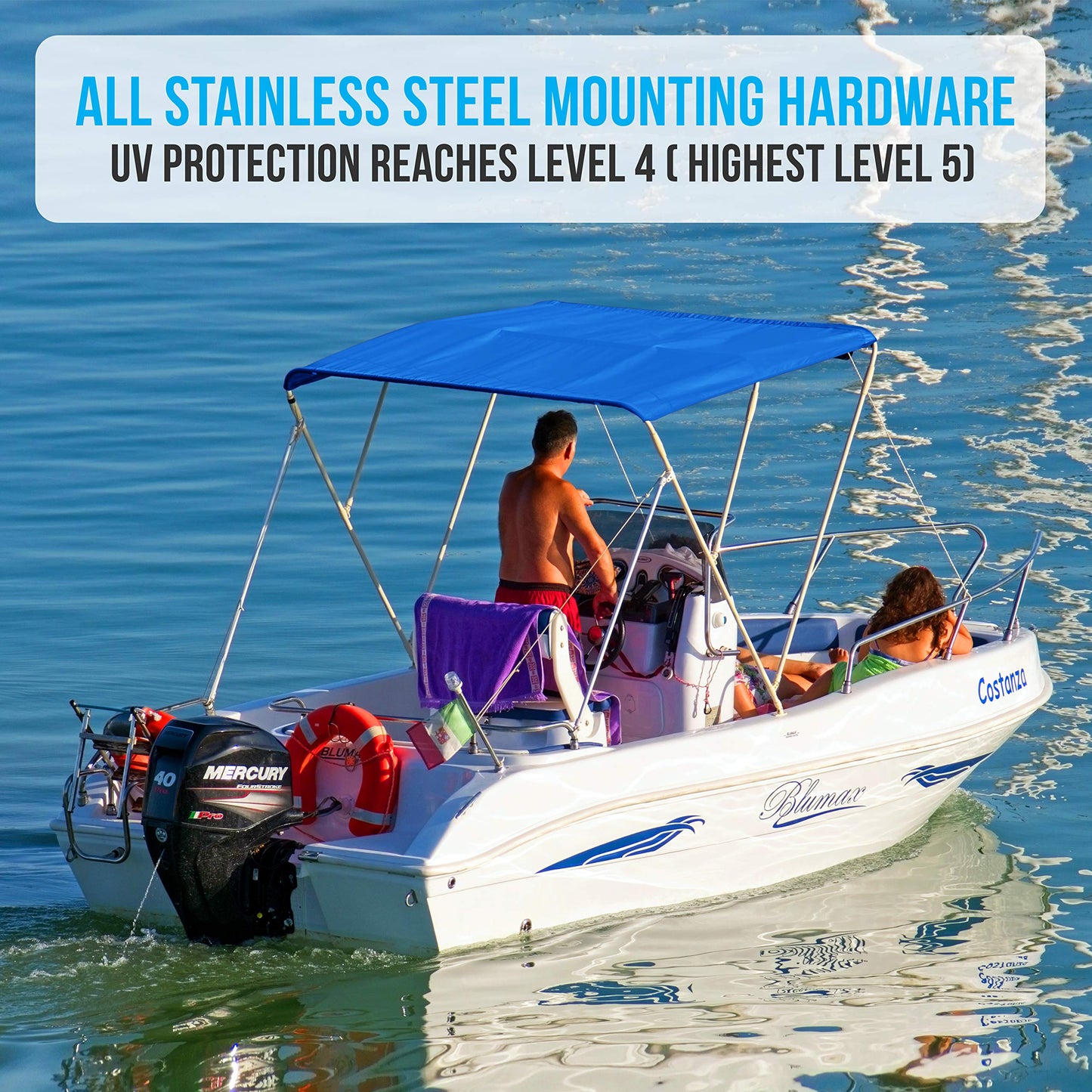 SereneLife Waterproof Boat Bimini Top Cover - 61-66"W 4 Bow Bimini Top Canvas Sun Shade1" Double Wall Alu Frame Tube, 2 Straps 2 Rear Support Poles, Storage Boot - SLBT4RB619 (Royal Blue)